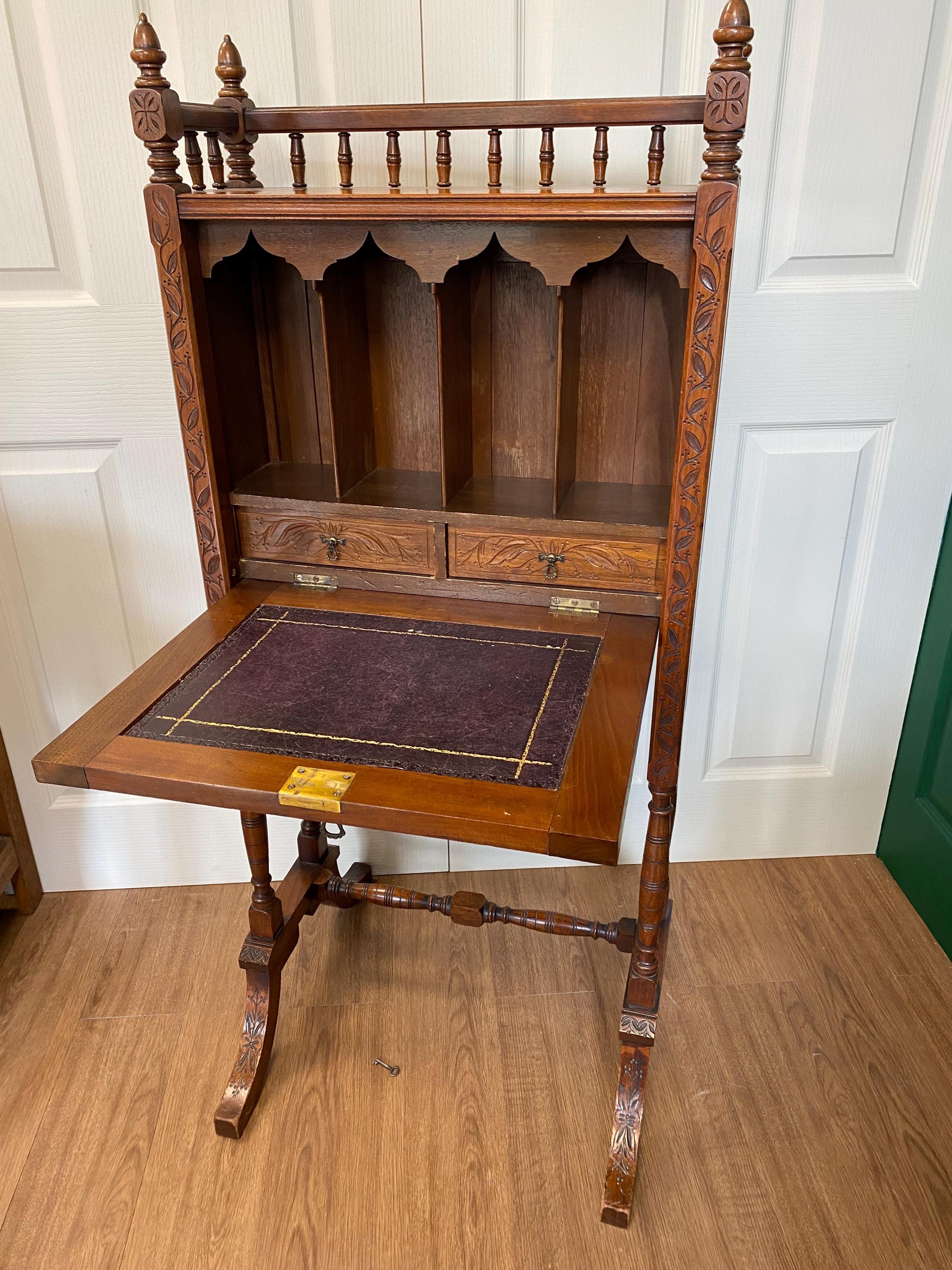 Antique Edwardian mahogany carved secretary desk drop down writing bureau