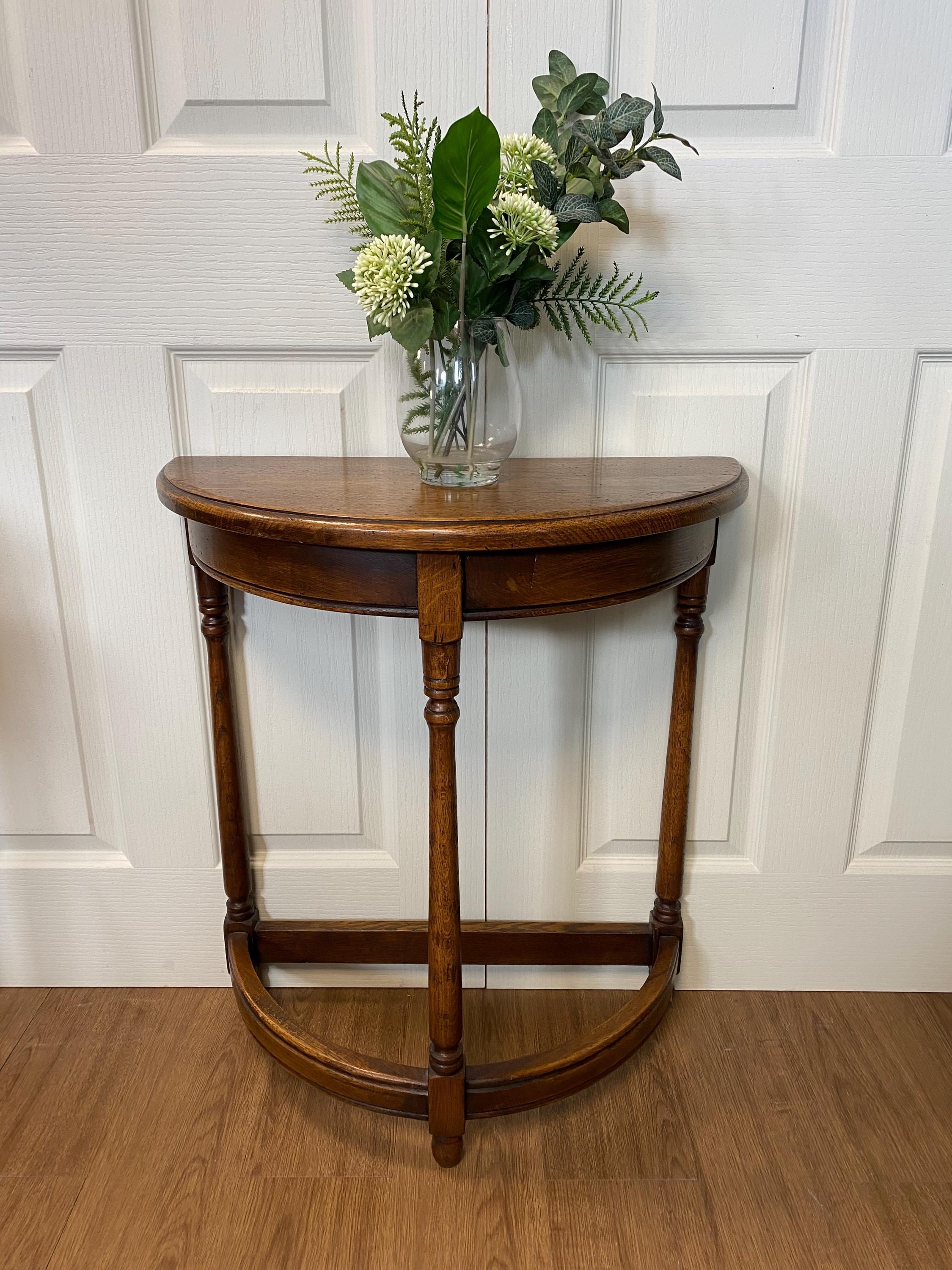 Reproduction compact solid oak half moon semi circular hall console table