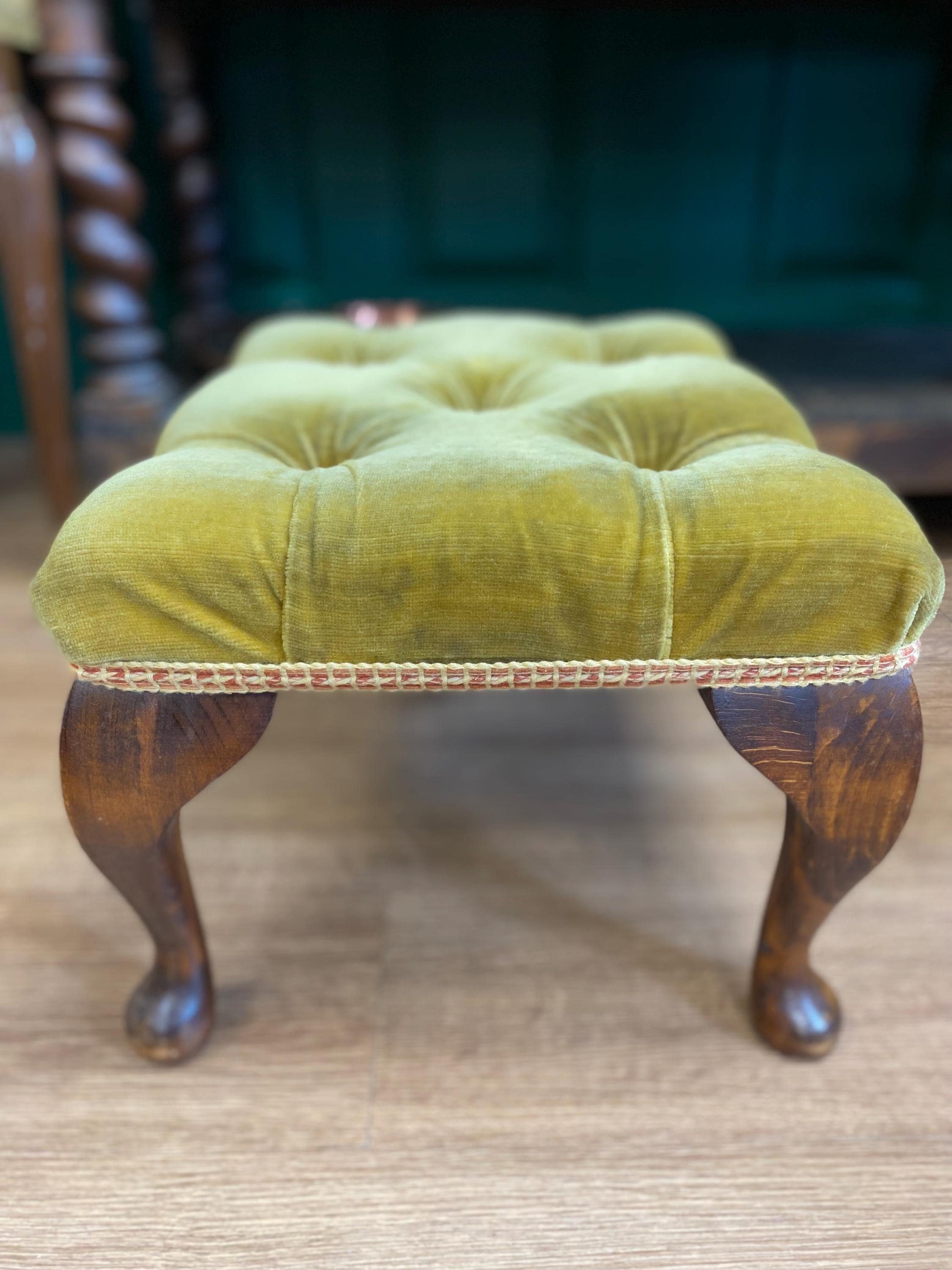 Antique Edwardian mahogany footstool upholstered gold fabric