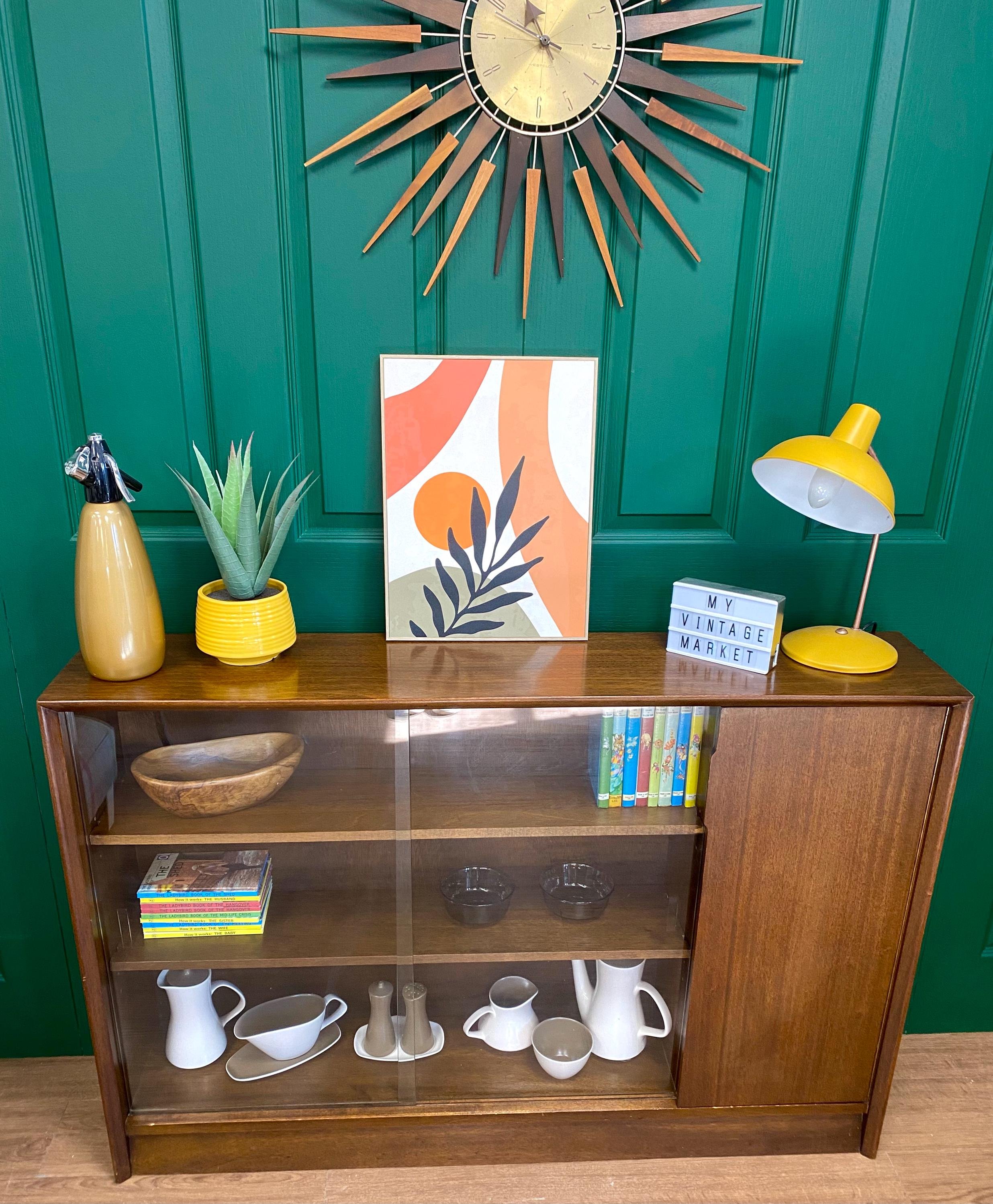 Herbert E Gibbs Autograph Collection mid century late 1960s teak slanting sliding door glass display cabinet sideboard bookcase
