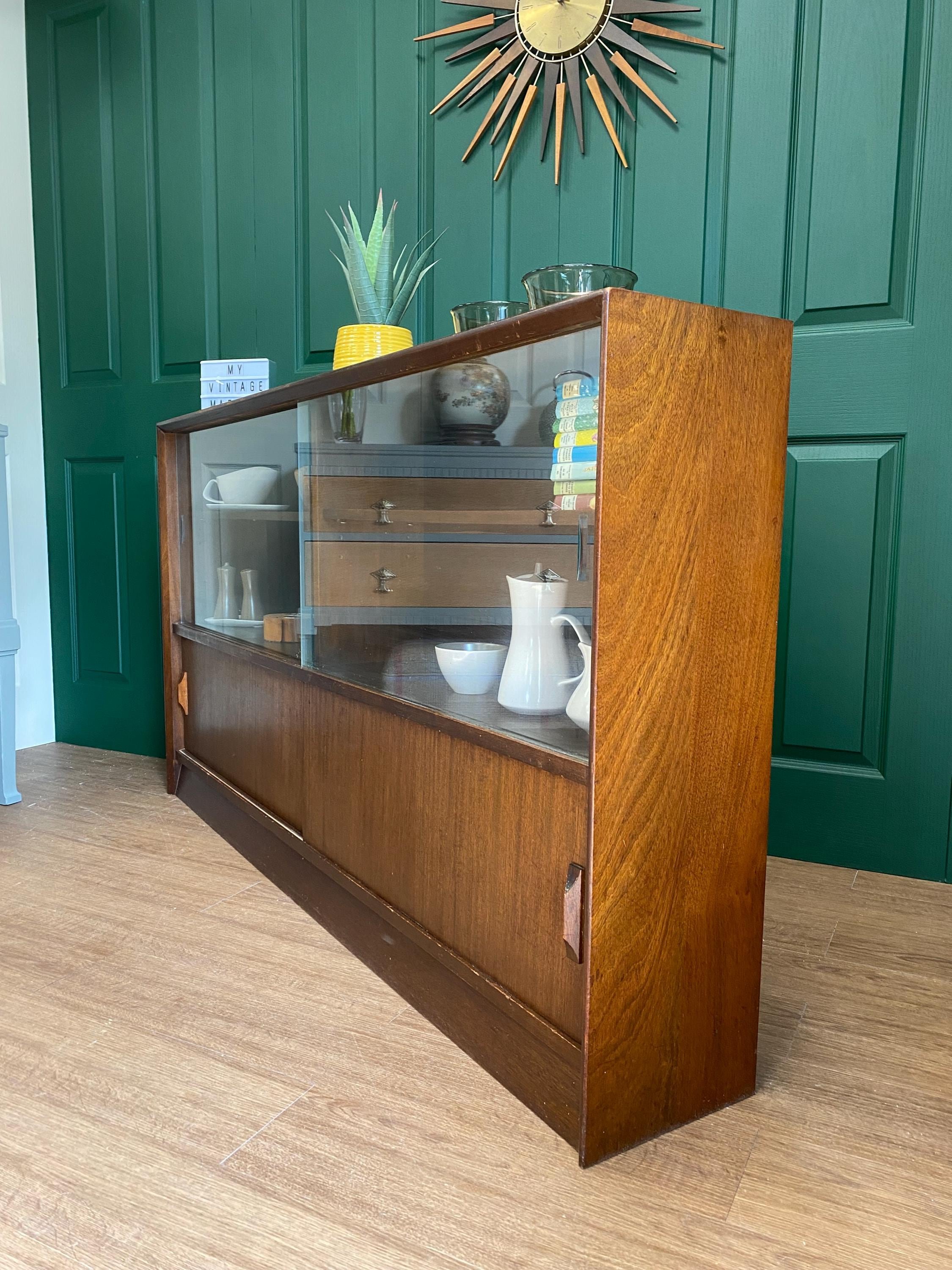 Herbert E Gibbs Autograph Collection mid century late 1960s teak slanting sliding door glass display cabinet sideboard bookcase