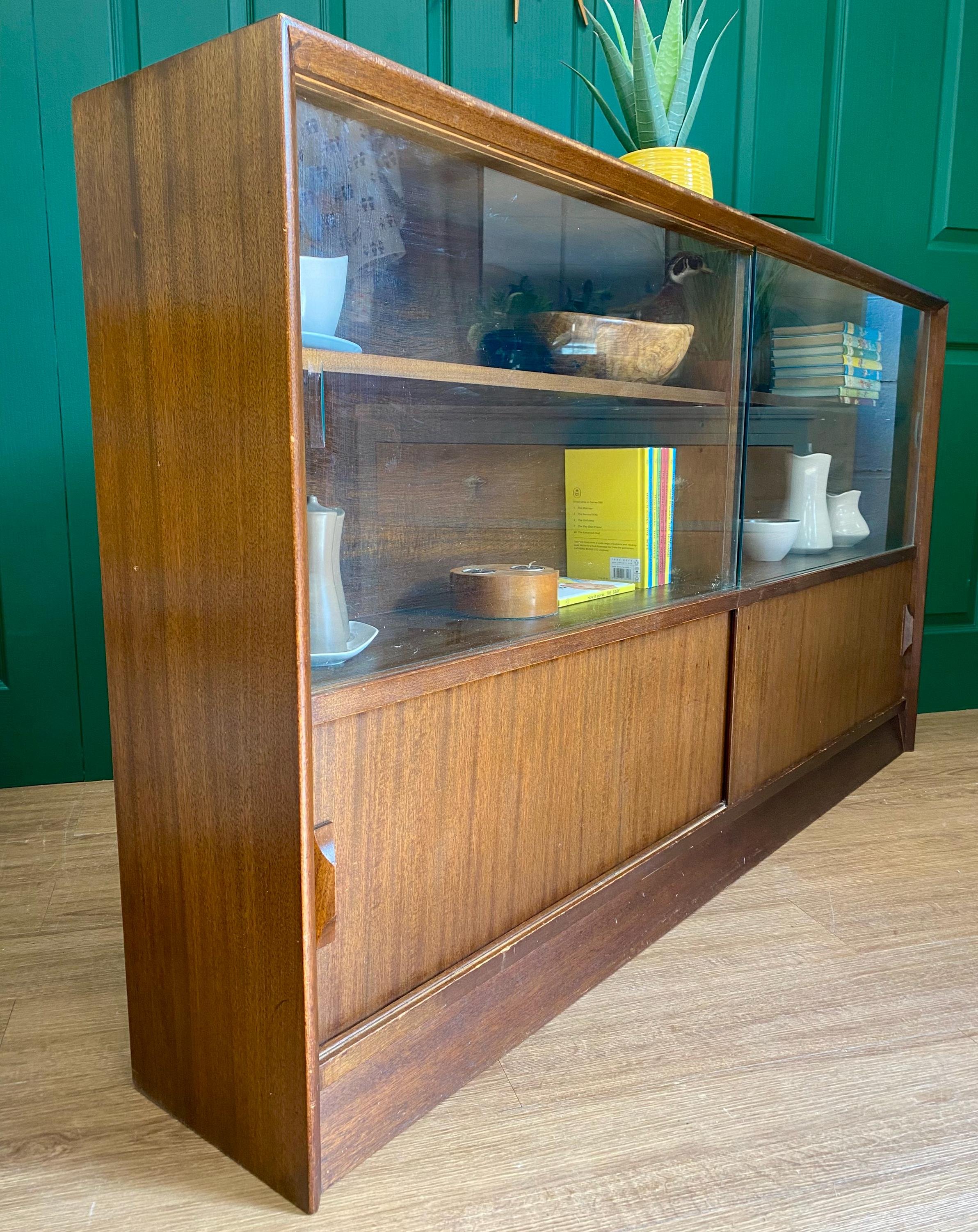 Herbert E Gibbs Autograph Collection mid century late 1960s teak slanting sliding door glass display cabinet sideboard bookcase