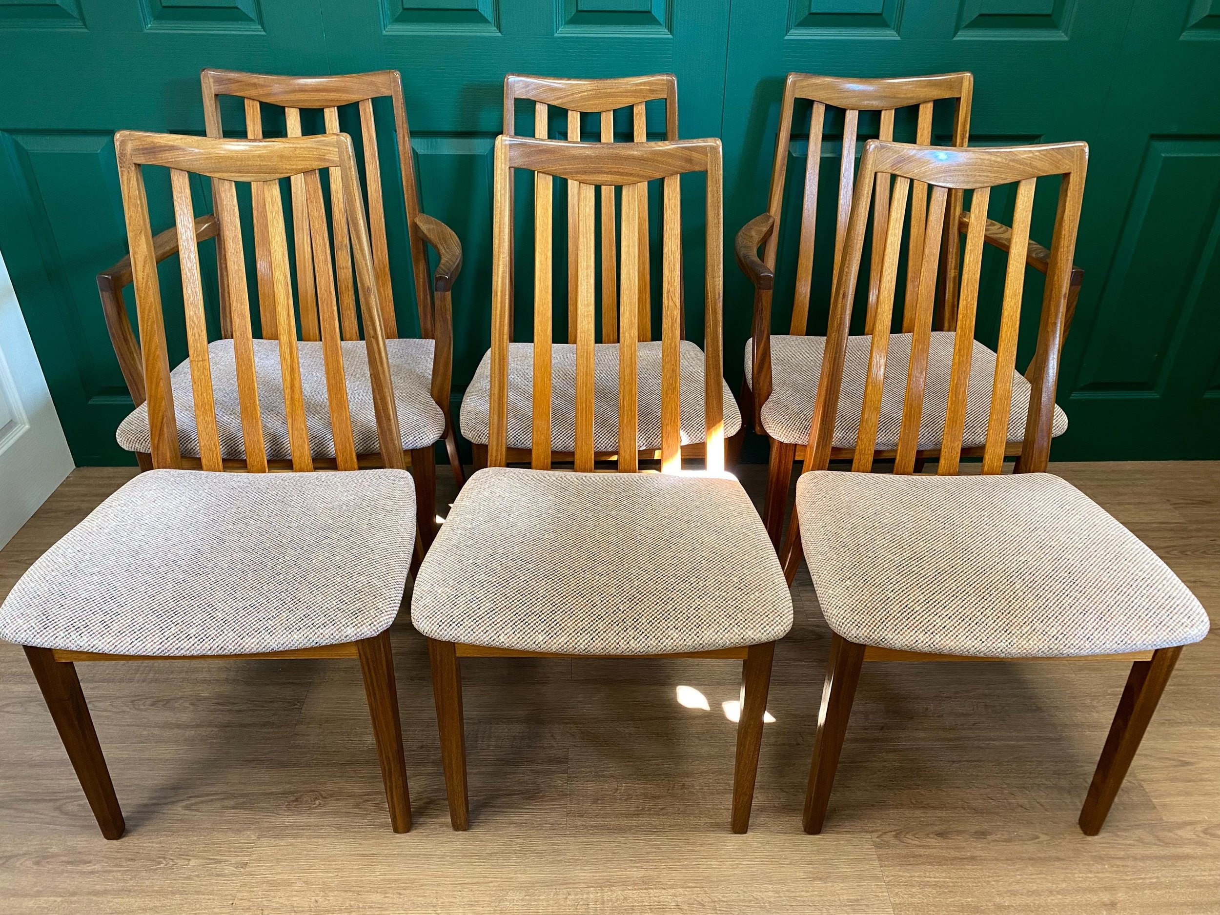 Mid century G Plan Fresco teak oval extending dining table and six chairs