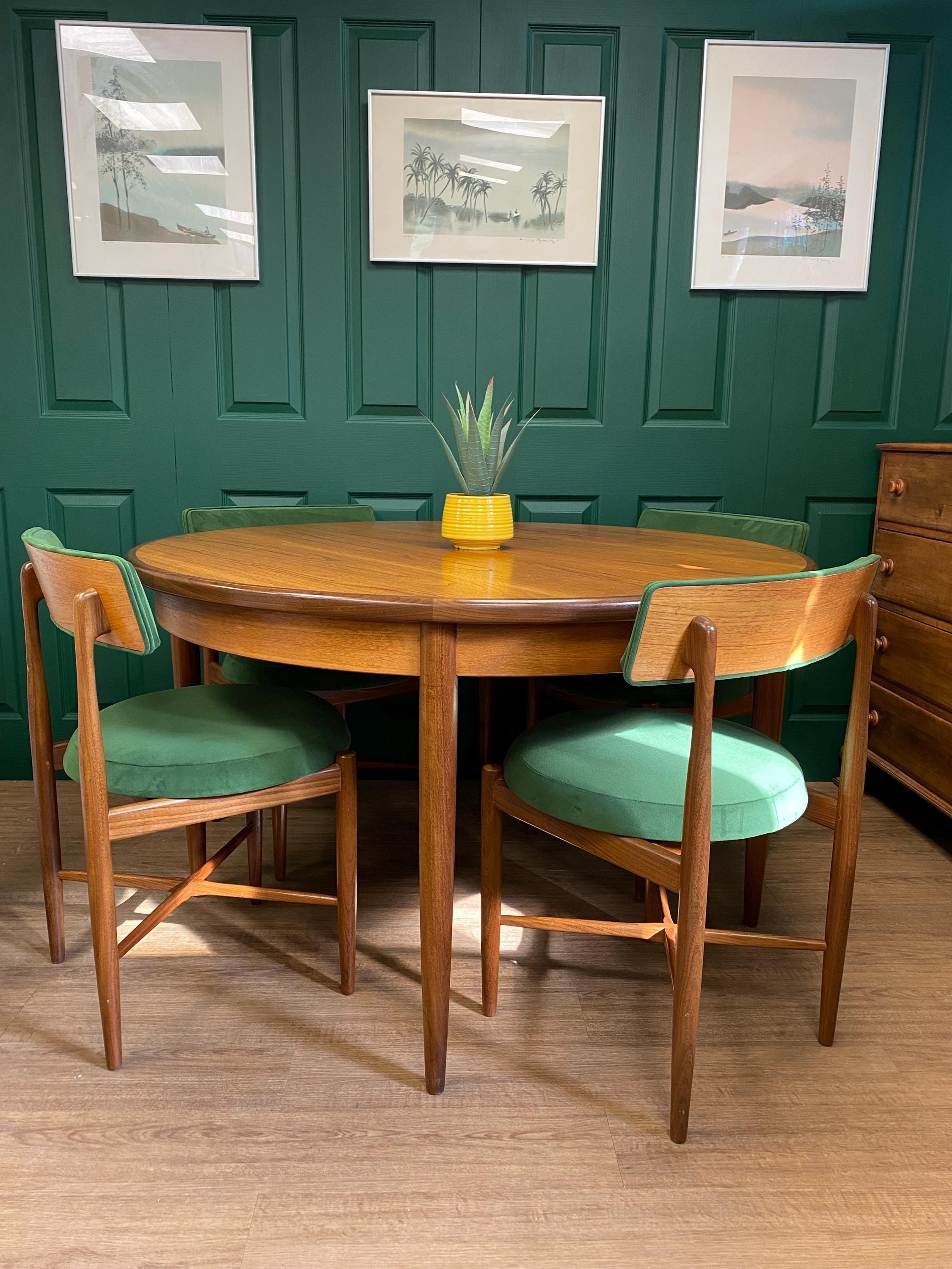 Restored and reupholstered 1960s G Plan Fresco solid teak afromosia extending dining table and six chairs conifer green