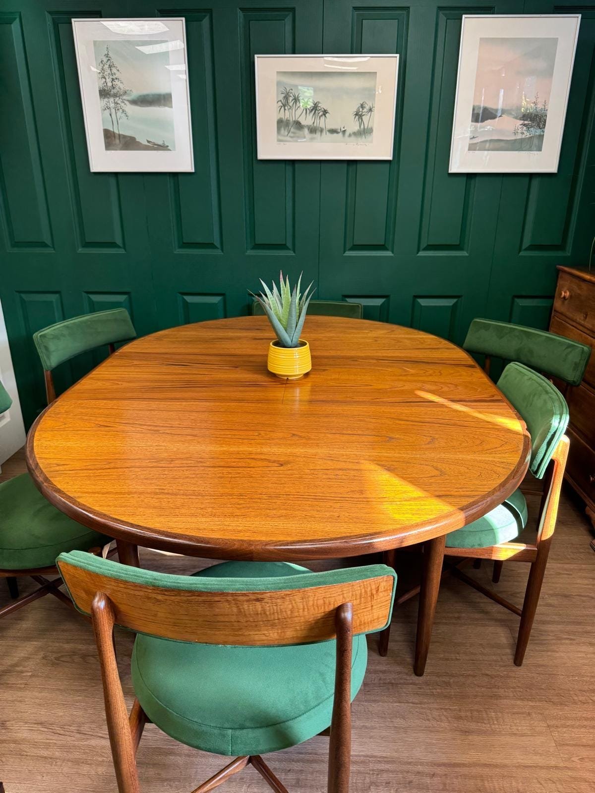 Restored and reupholstered 1960s G Plan Fresco solid teak afromosia extending dining table and six chairs conifer green