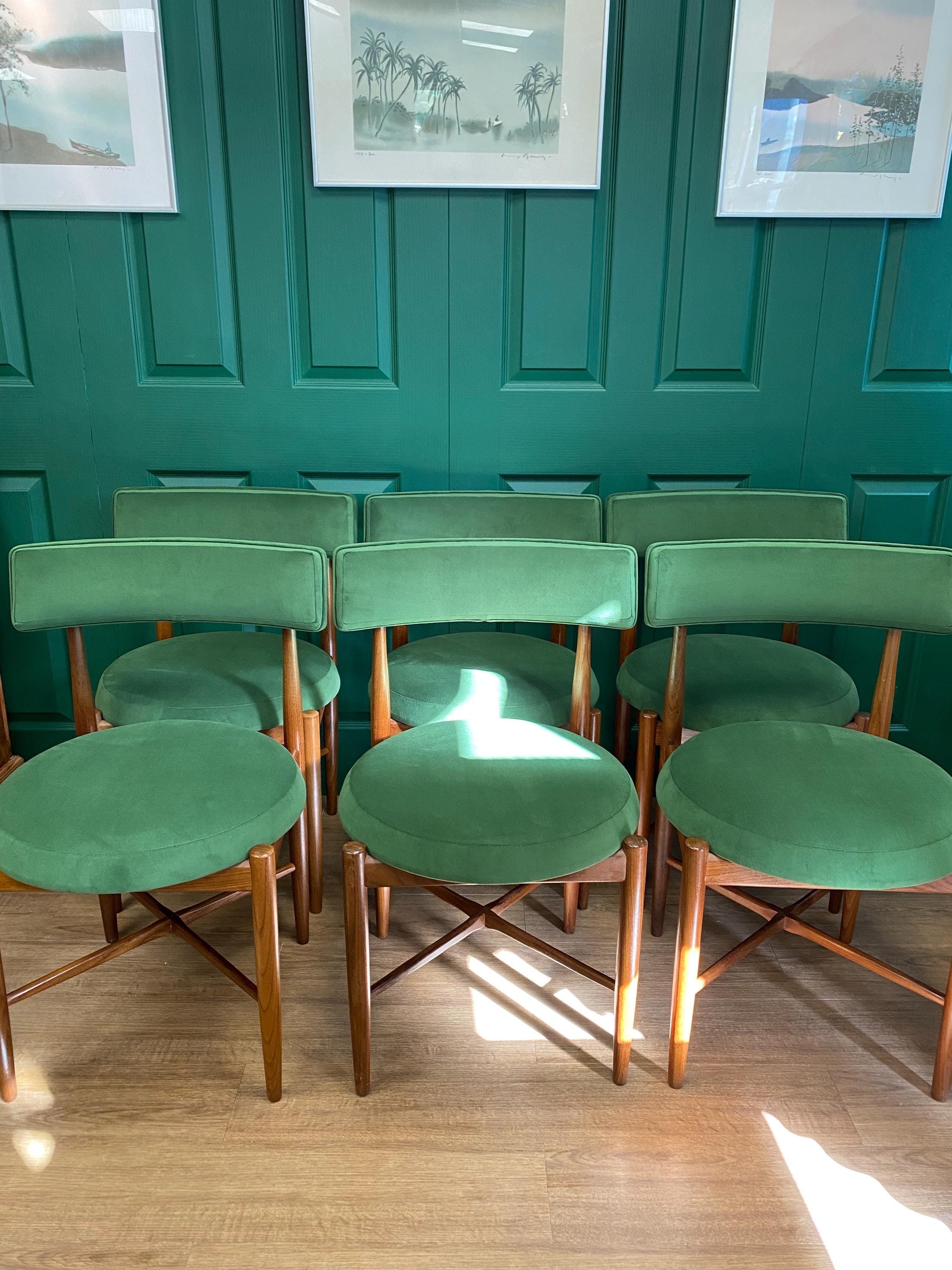 Restored and reupholstered 1960s G Plan Fresco solid teak afromosia extending dining table and six chairs conifer green