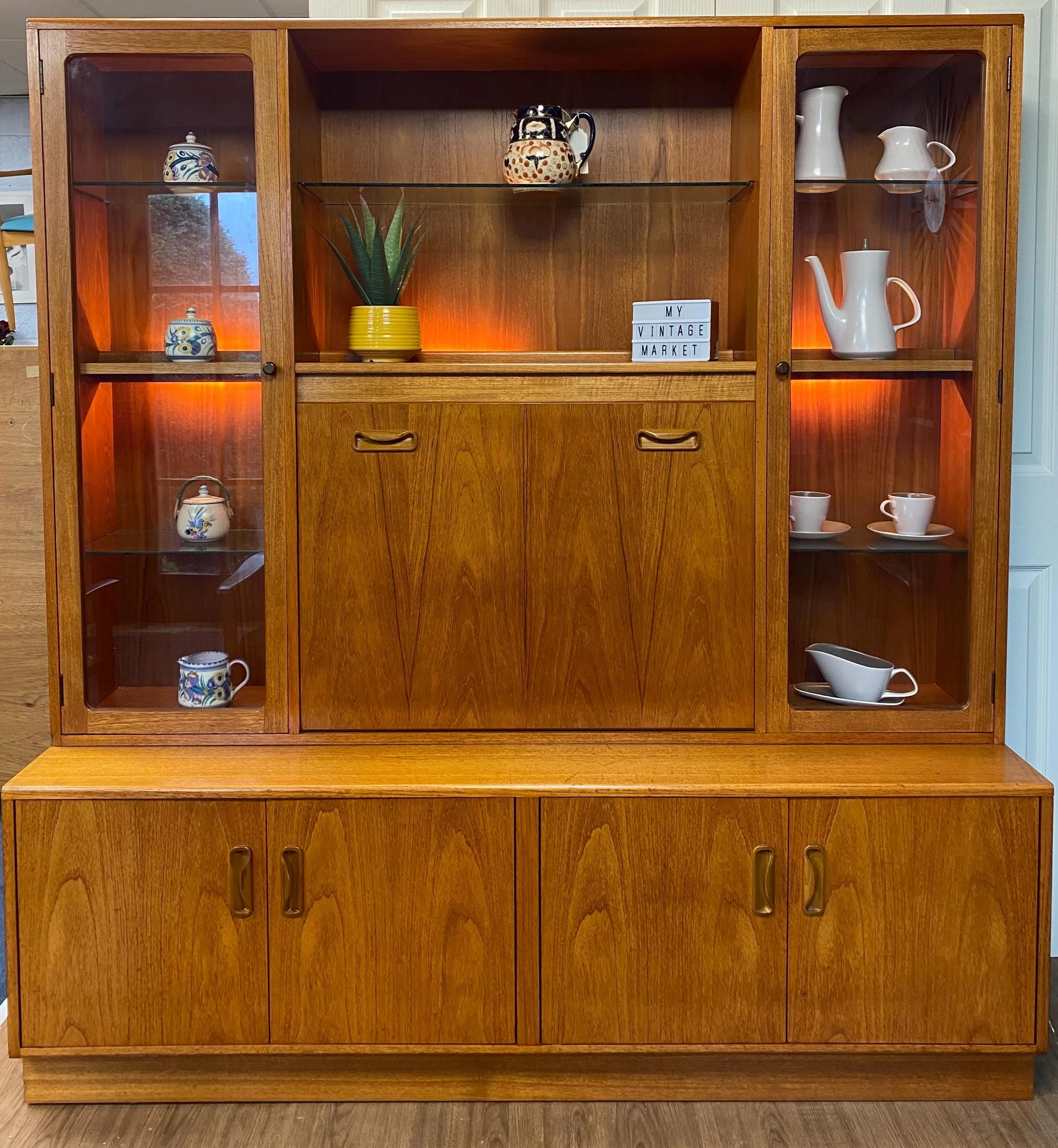 Restored Mid-Century 1960s Teak G Plan Glazed Wall Unit with Drop Down Cocktail Cabinet