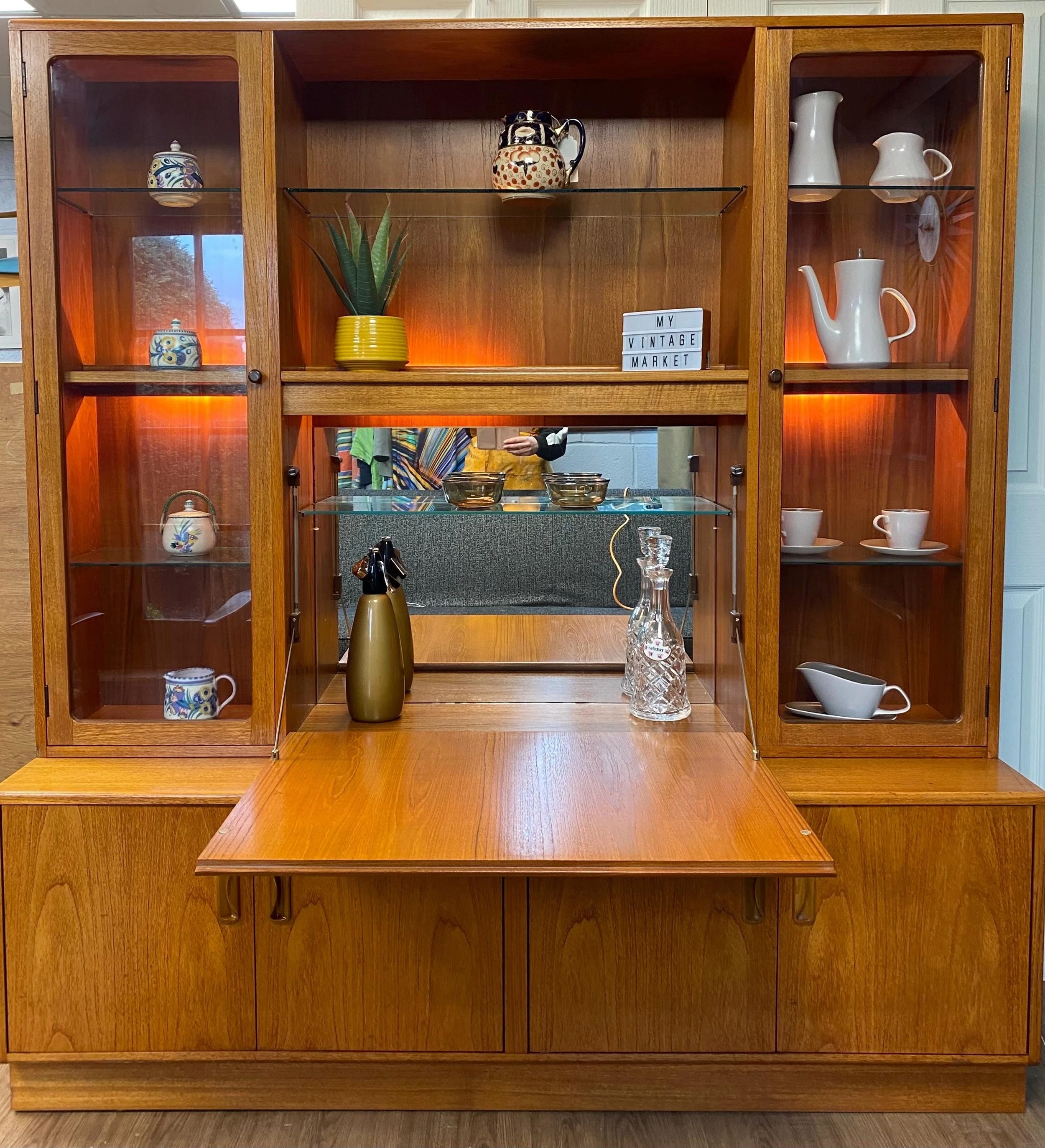 Restored Mid-Century 1960s Teak G Plan Glazed Wall Unit with Drop Down Cocktail Cabinet
