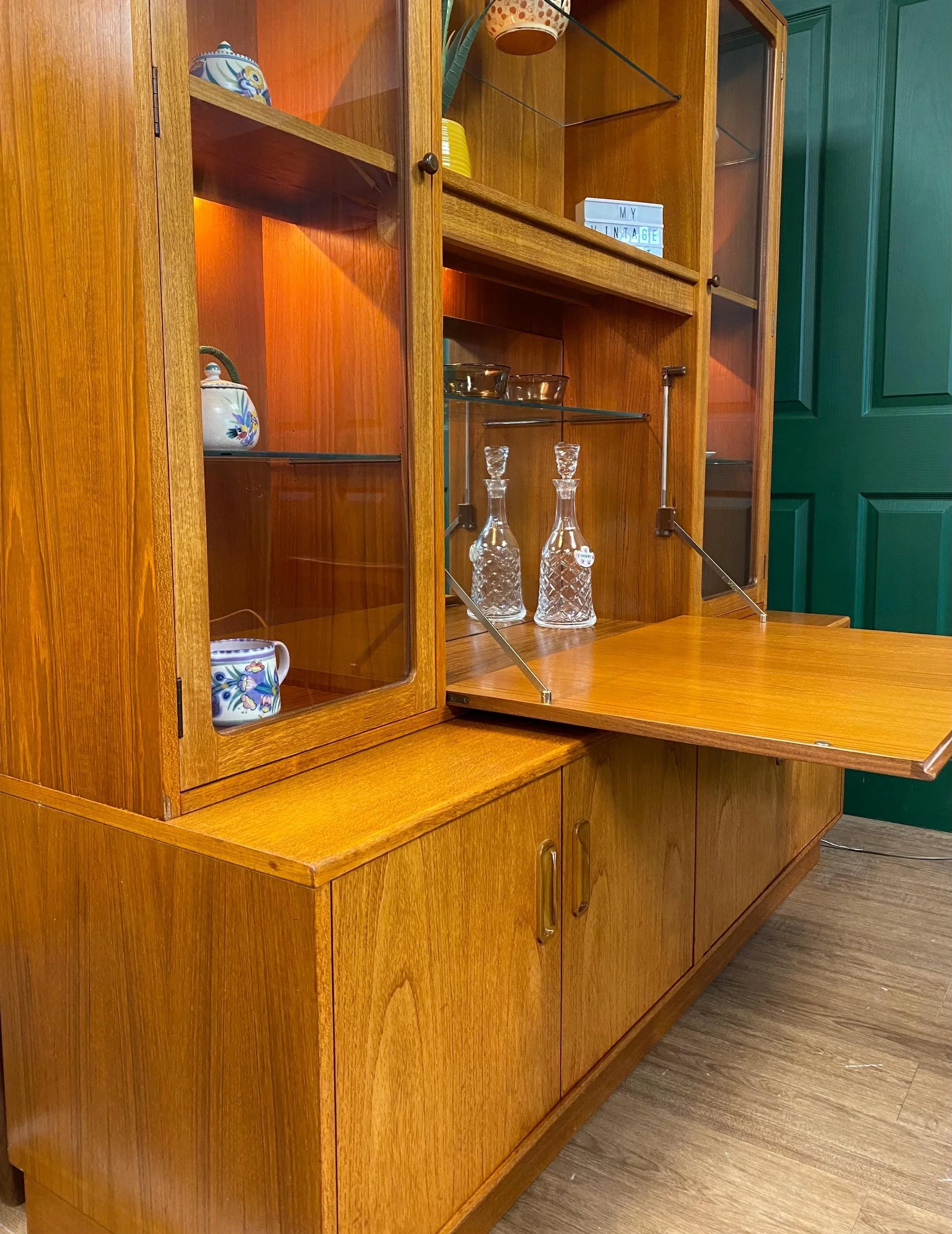 Restored Mid-Century 1960s Teak G Plan Glazed Wall Unit with Drop Down Cocktail Cabinet