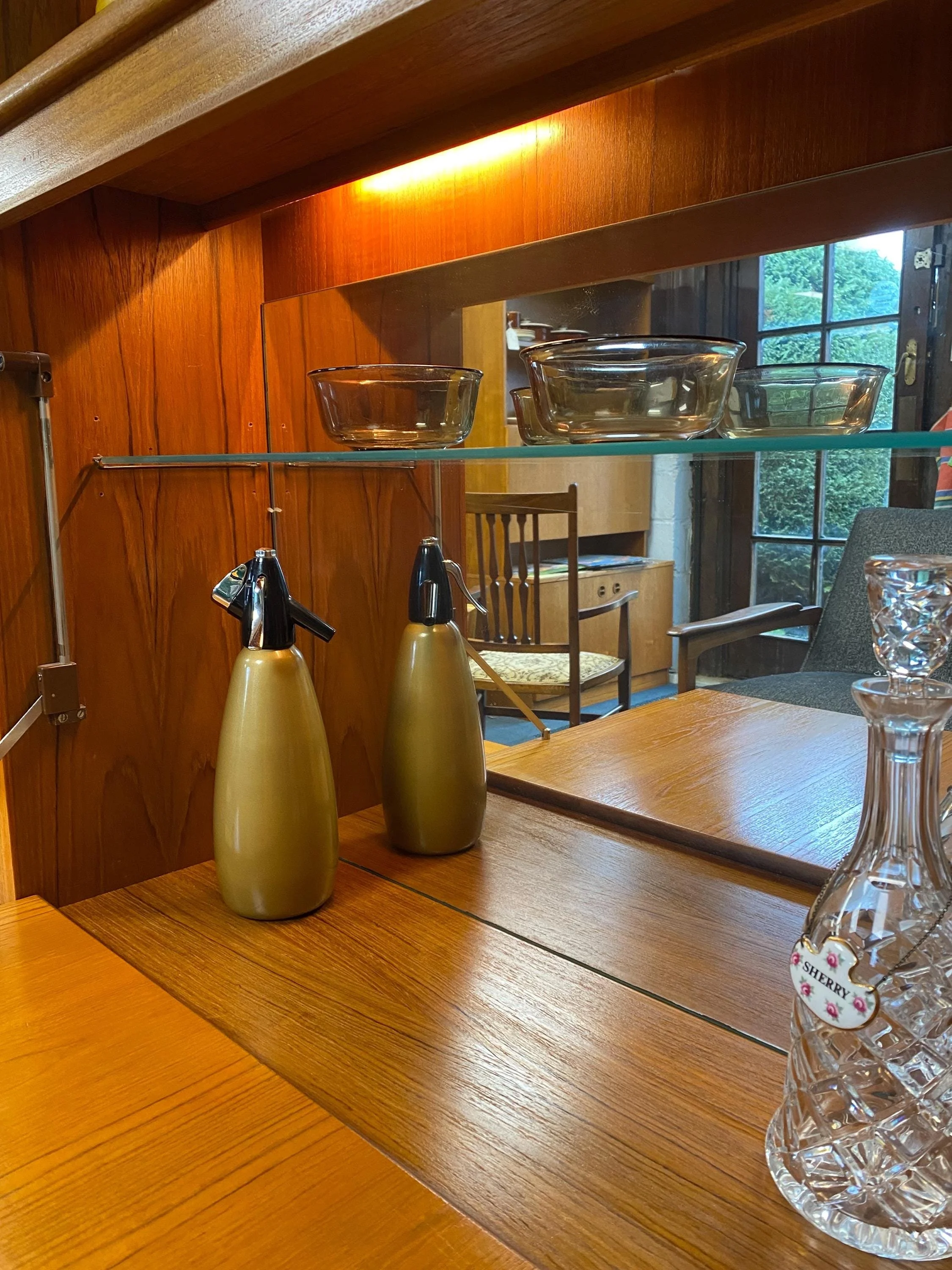 Restored Mid-Century 1960s Teak G Plan Glazed Wall Unit with Drop Down Cocktail Cabinet
