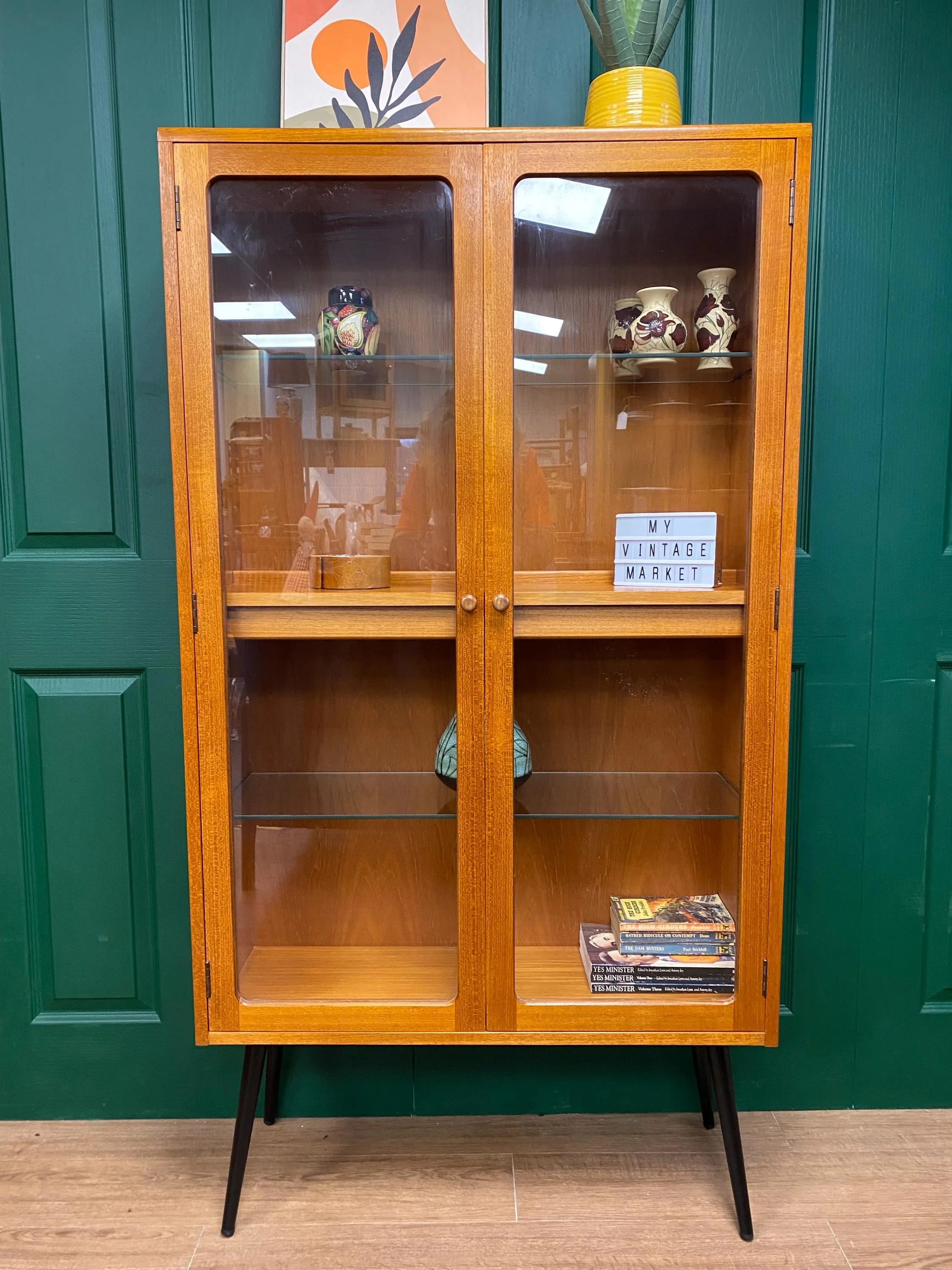 Restored Restyled Mid-Century 1960s Teak G Plan Glazed Single Wall Unit on tapered legs