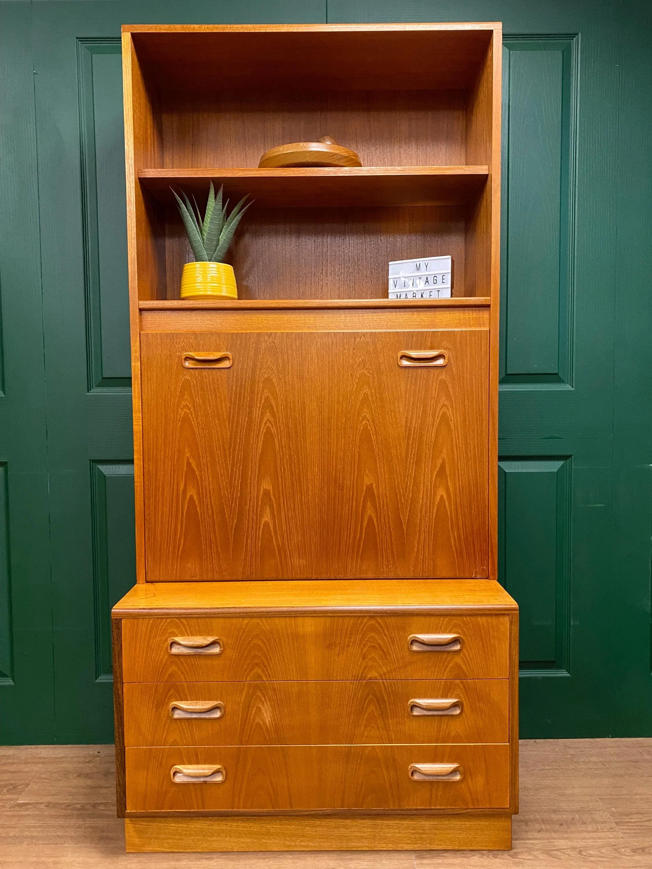 Restored Mid-Century 1960s Teak G Plan Glazed Single Wall Unit with Drop Down Cocktail Cabinet