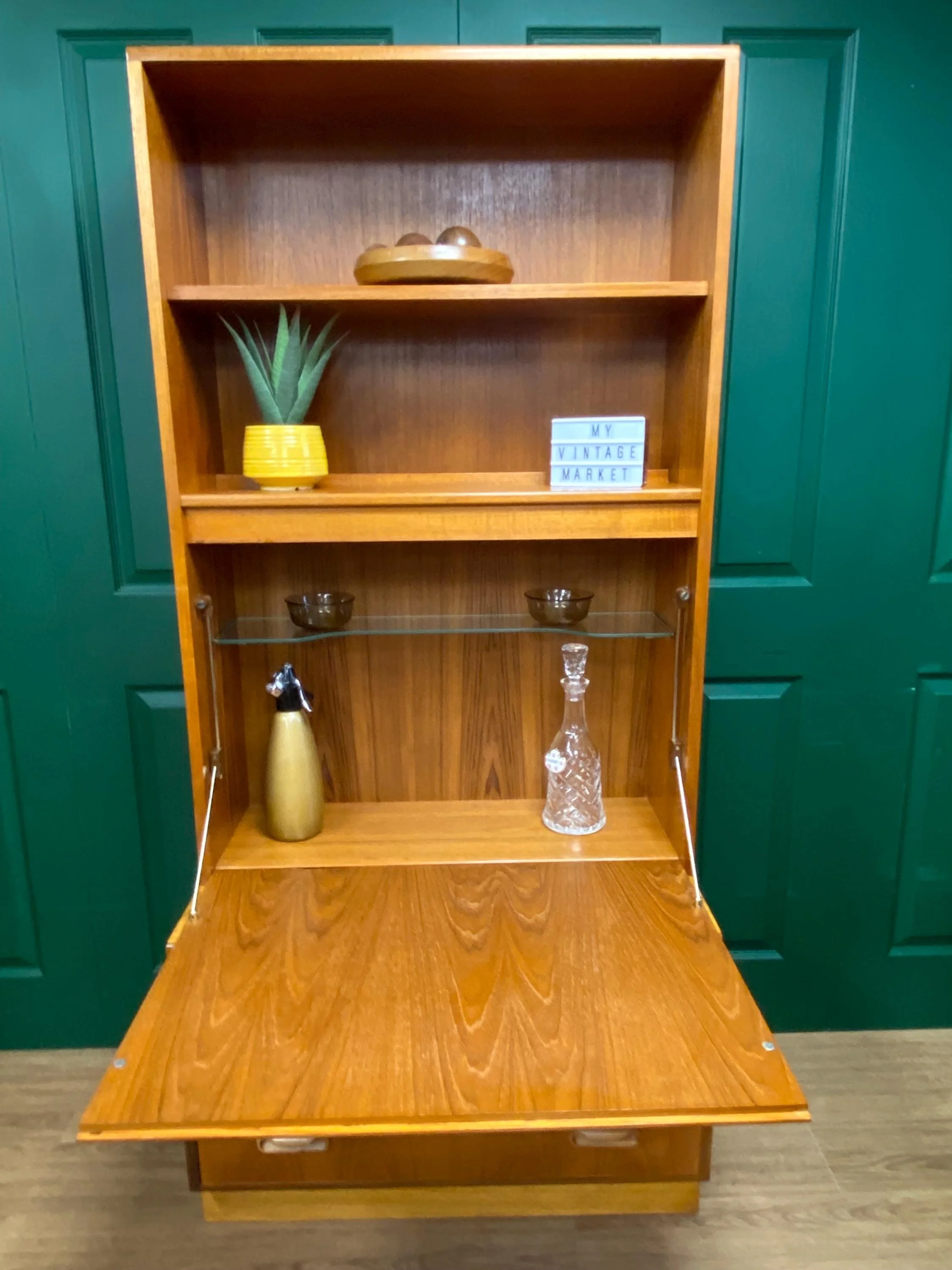 Restored Mid-Century 1960s Teak G Plan Glazed Single Wall Unit with Drop Down Cocktail Cabinet