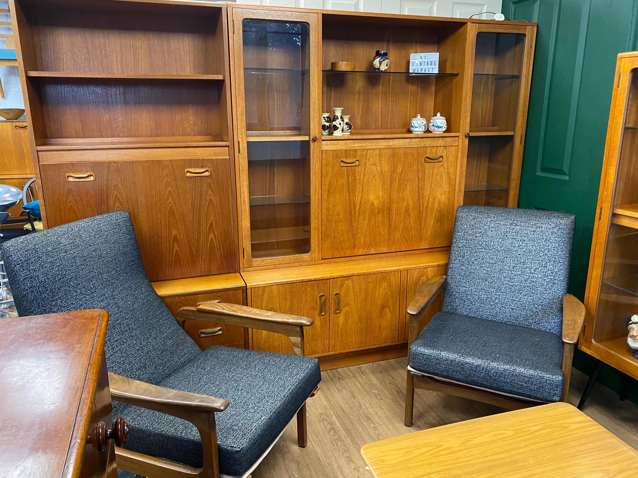 Restored Mid-Century 1960s Teak G Plan Glazed Single Wall Unit with Drop Down Cocktail Cabinet