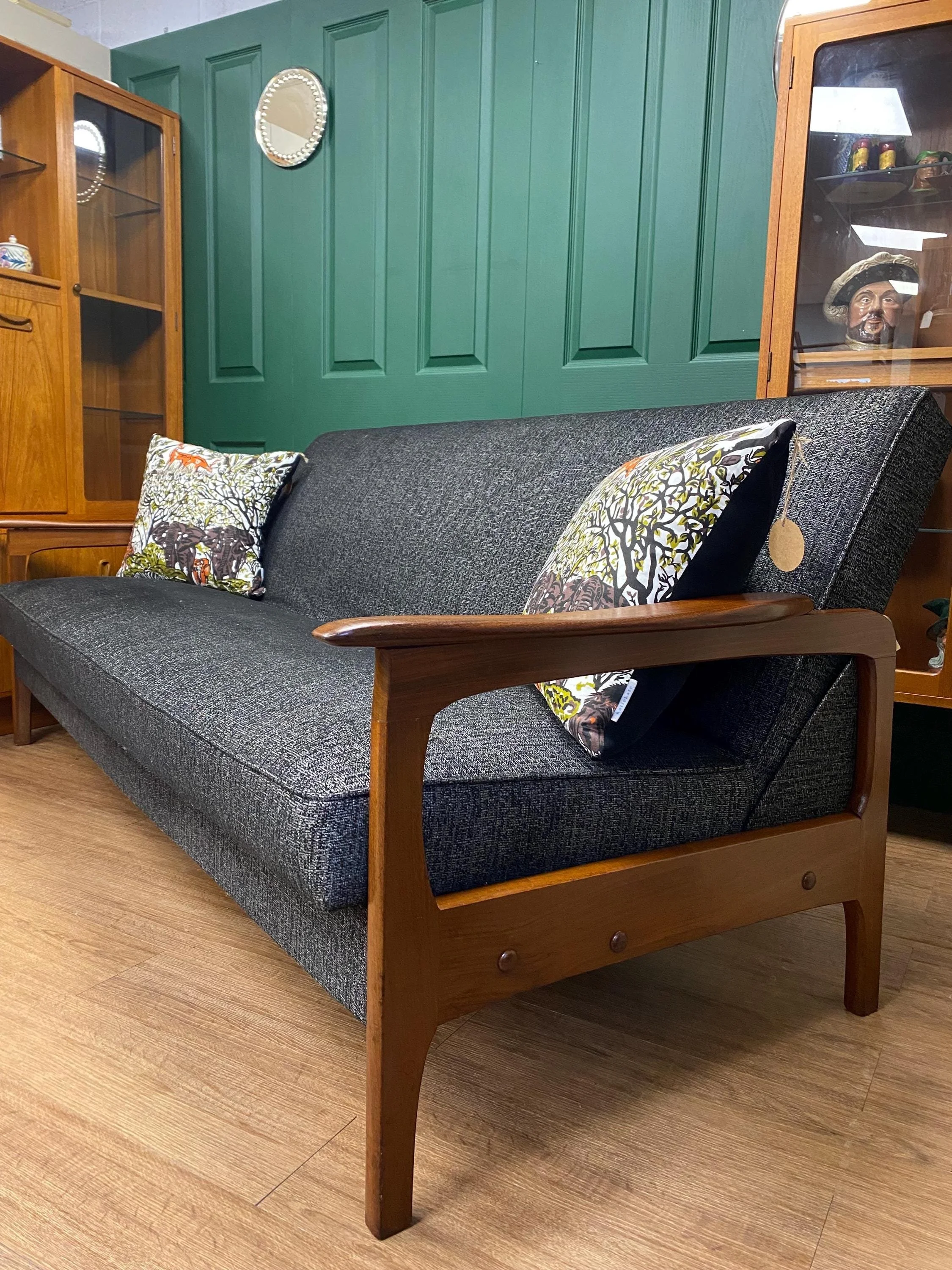 Refurbished Vintage 1960s Scandinavian Solid Teak Framed Fold Out Sofa Bed In Grey
