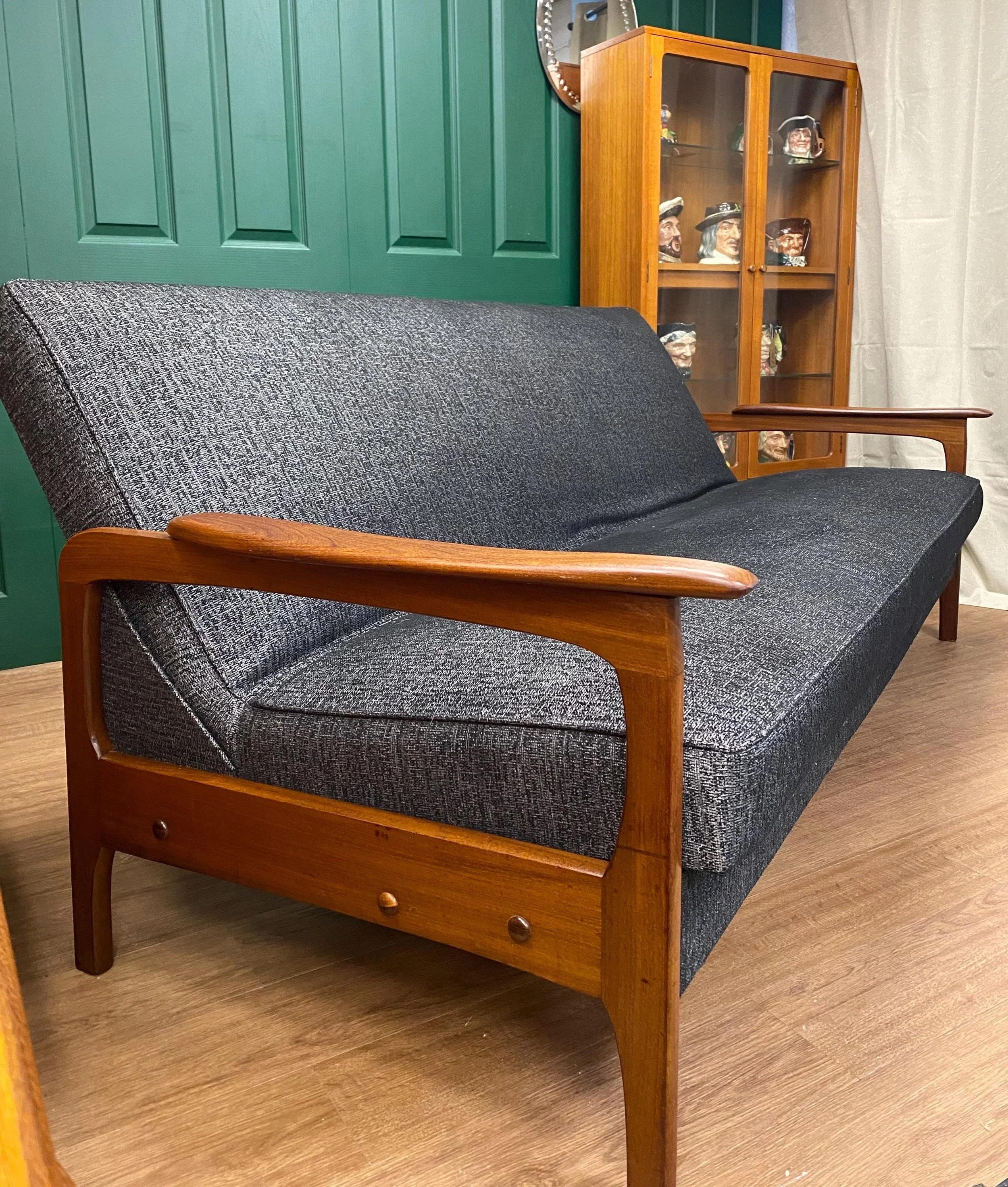 Refurbished Vintage 1960s Scandinavian Solid Teak Framed Fold Out Sofa Bed In Grey