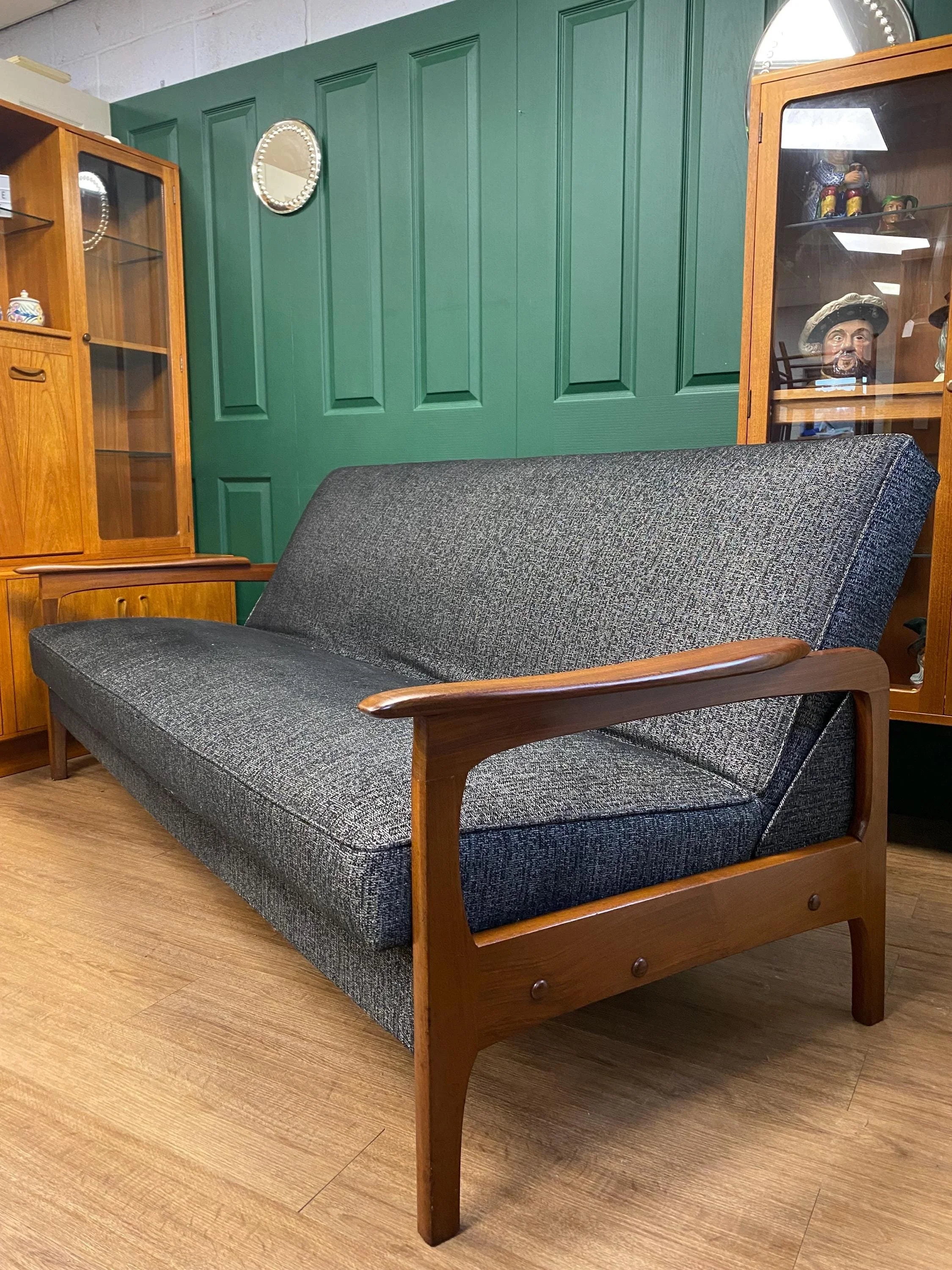 Refurbished Vintage 1960s Scandinavian Solid Teak Framed Fold Out Sofa Bed In Grey