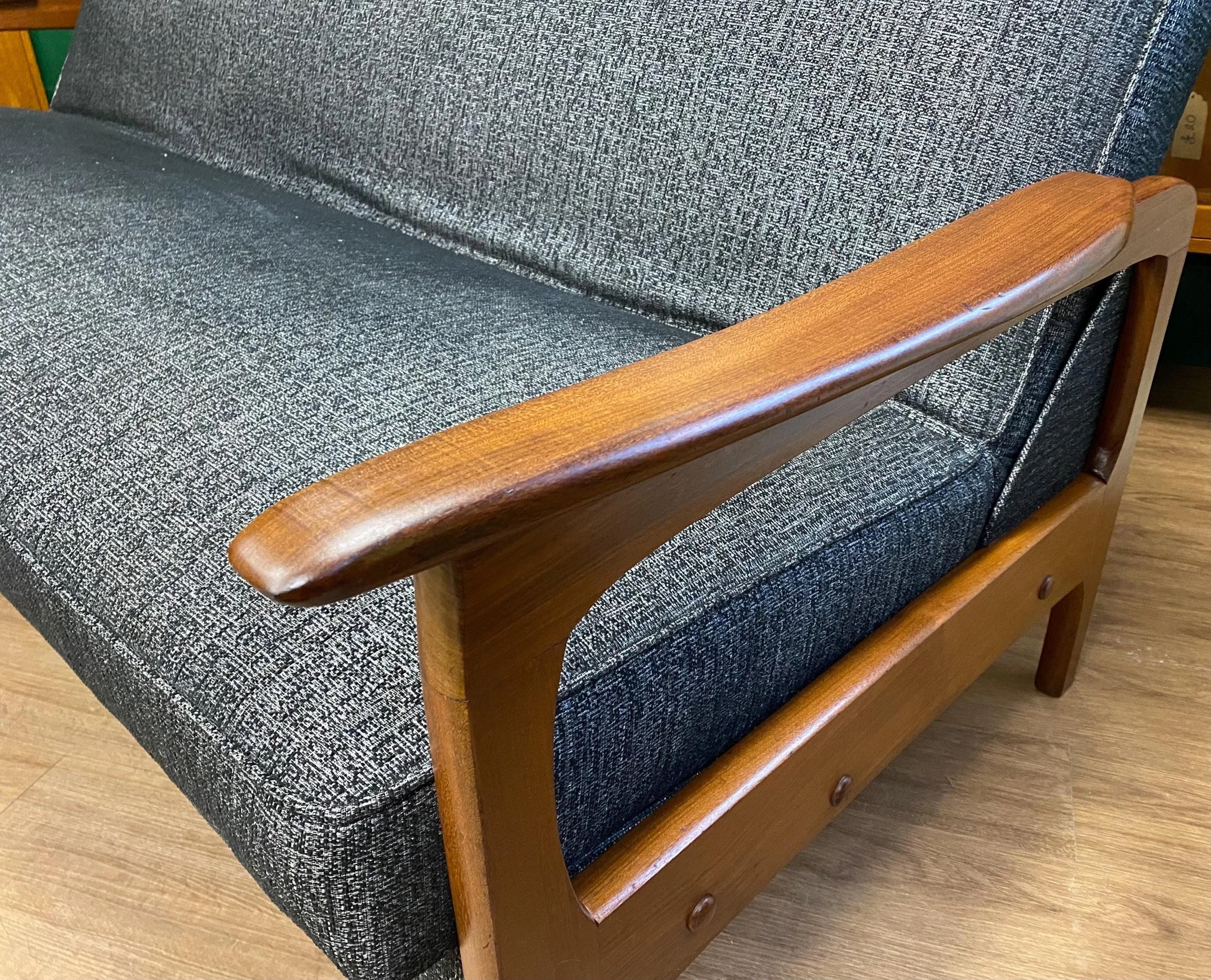 Refurbished Vintage 1960s Scandinavian Solid Teak Framed Fold Out Sofa Bed In Grey