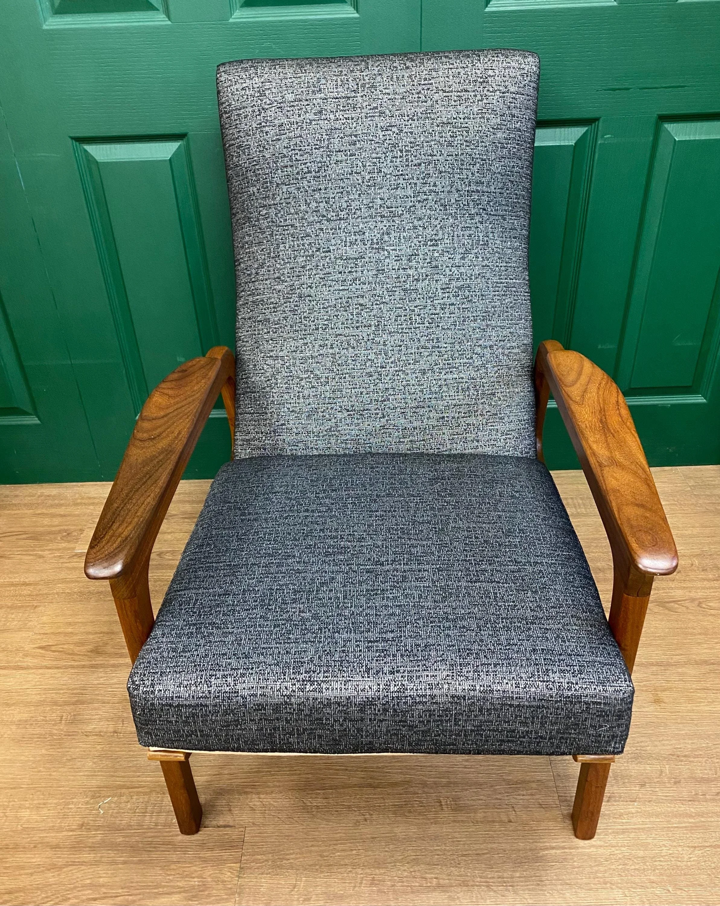 Refurbished Vintage 1960s Scandinavian Solid Teak Framed High Back Armchair In Grey