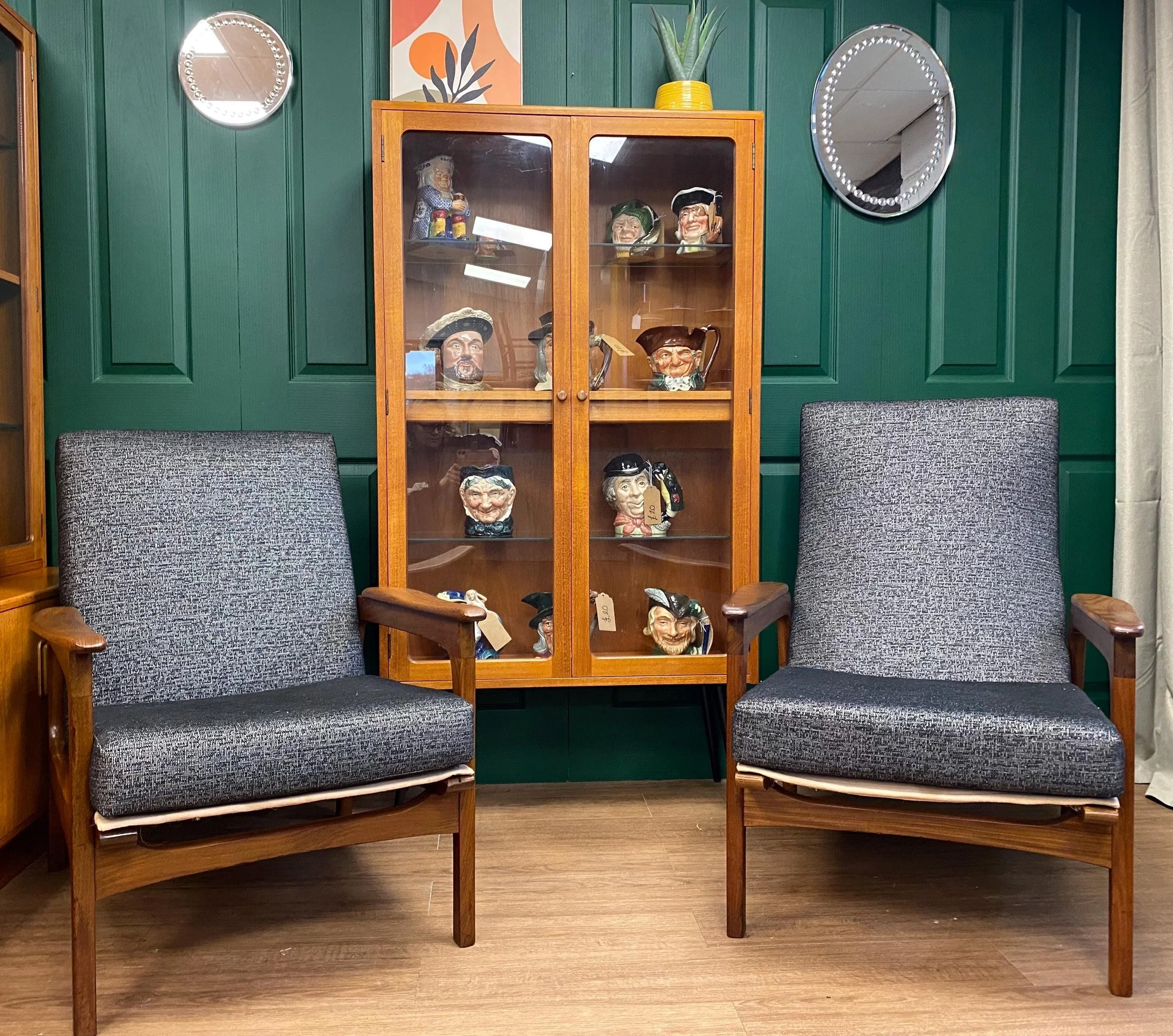 Refurbished Vintage 1960s Scandinavian Solid Teak Framed High Back Armchair In Grey