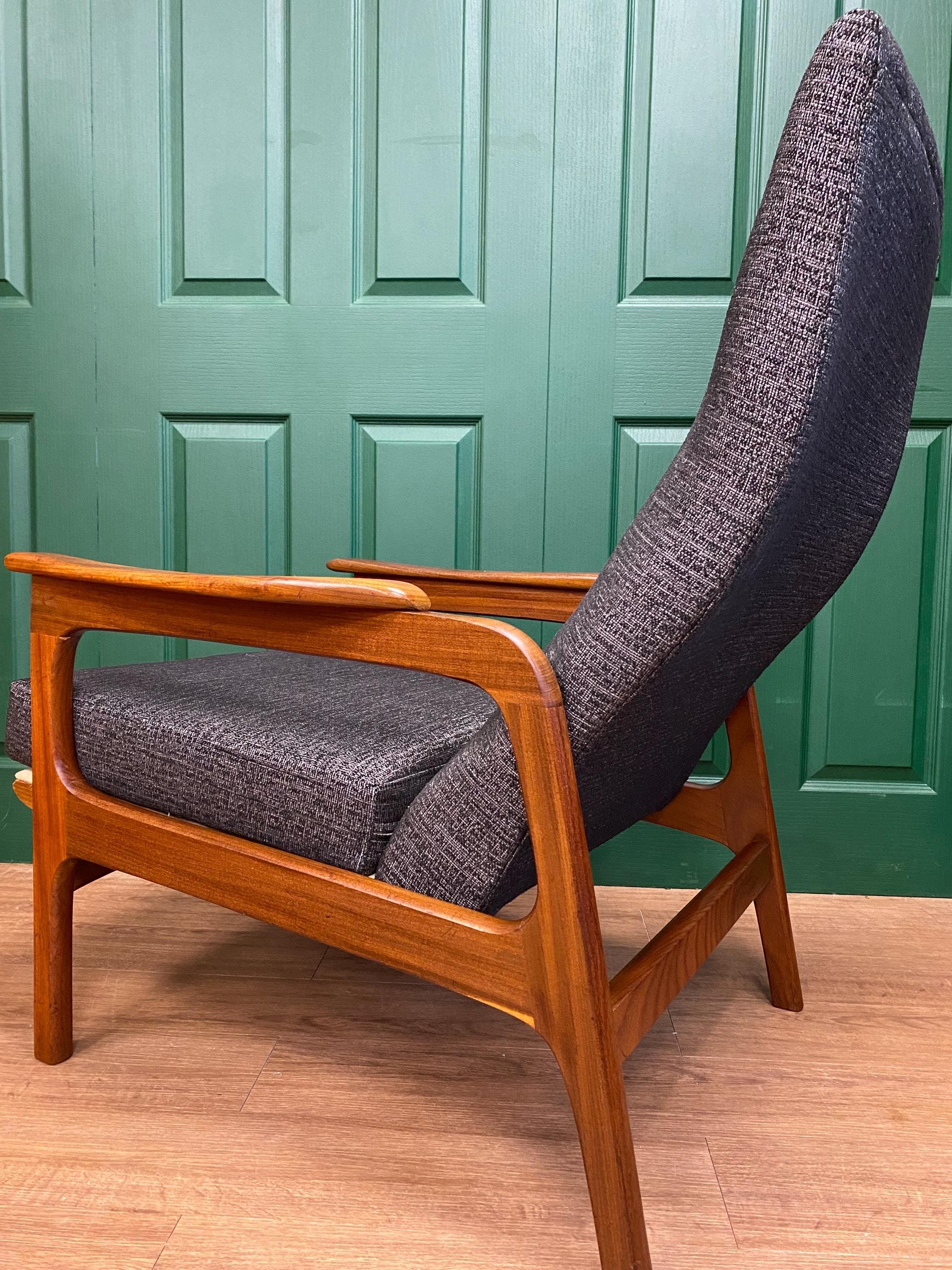 Refurbished Vintage 1960s Scandinavian Solid Teak Framed High Back Armchair In Grey