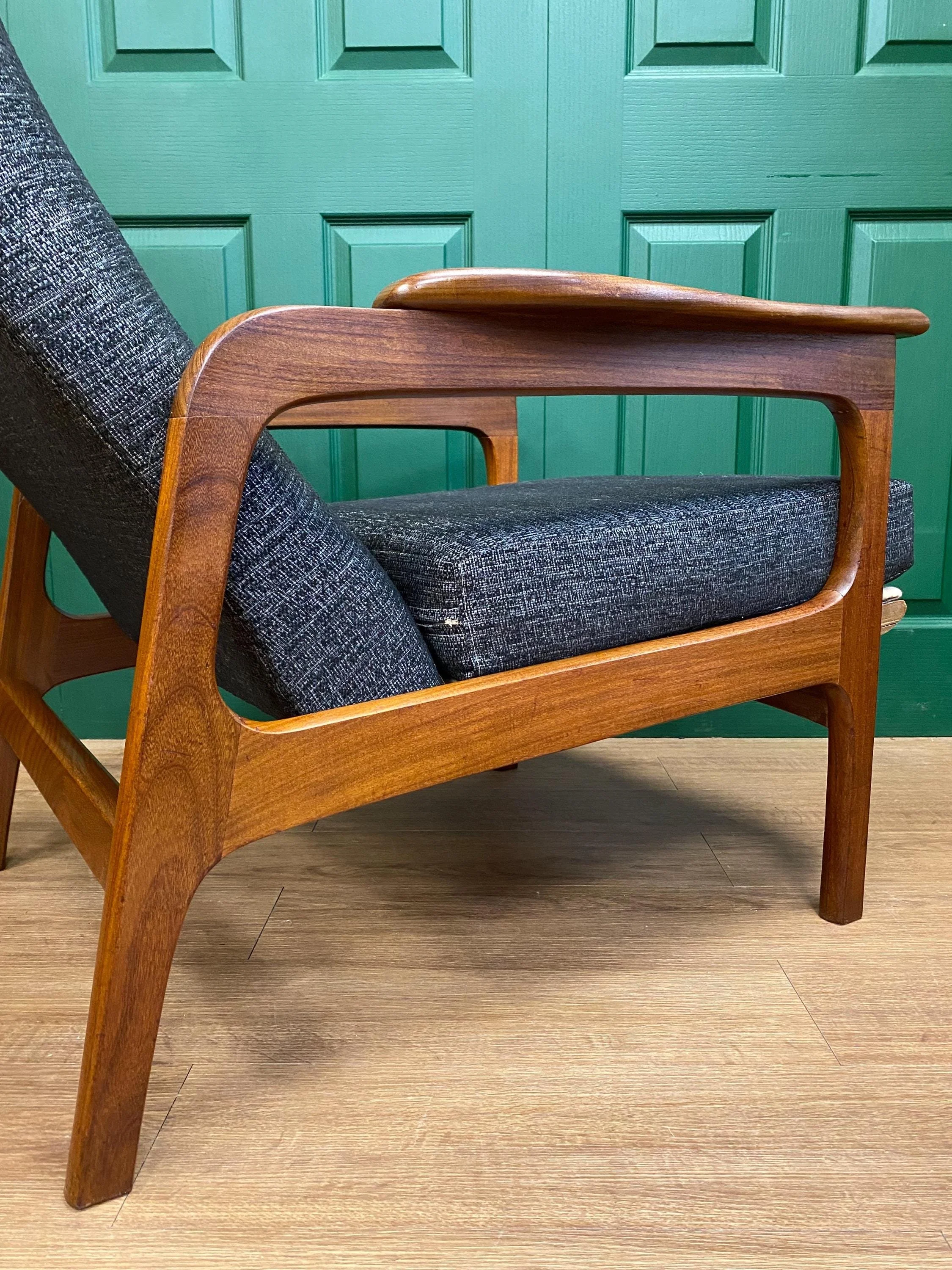 Refurbished Vintage 1960s Scandinavian Solid Teak Framed High Back Armchair In Grey