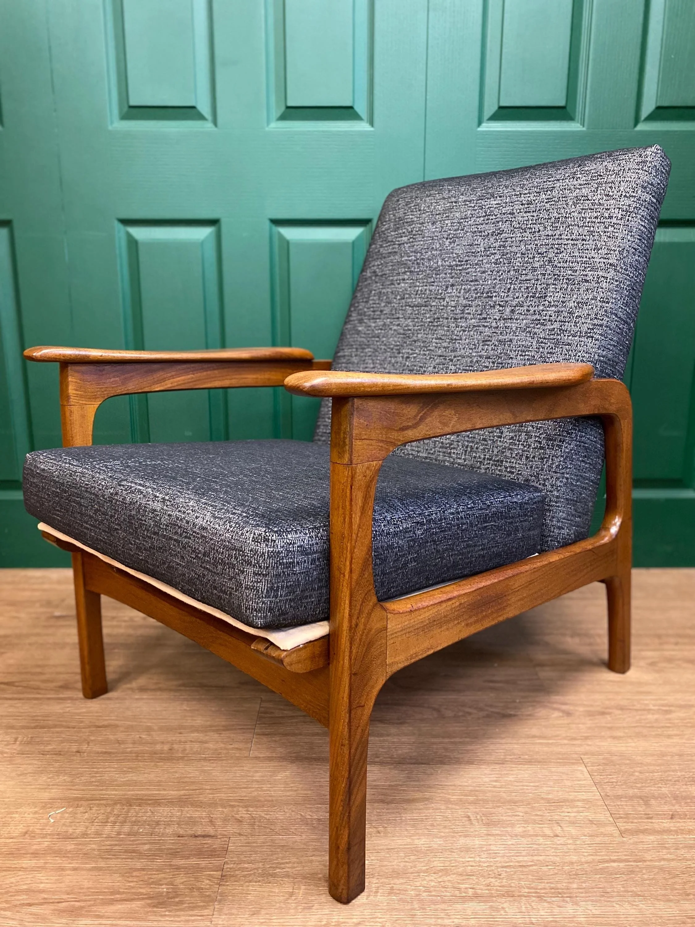Refurbished Vintage 1960s Scandinavian Solid Teak Framed Armchair In Grey