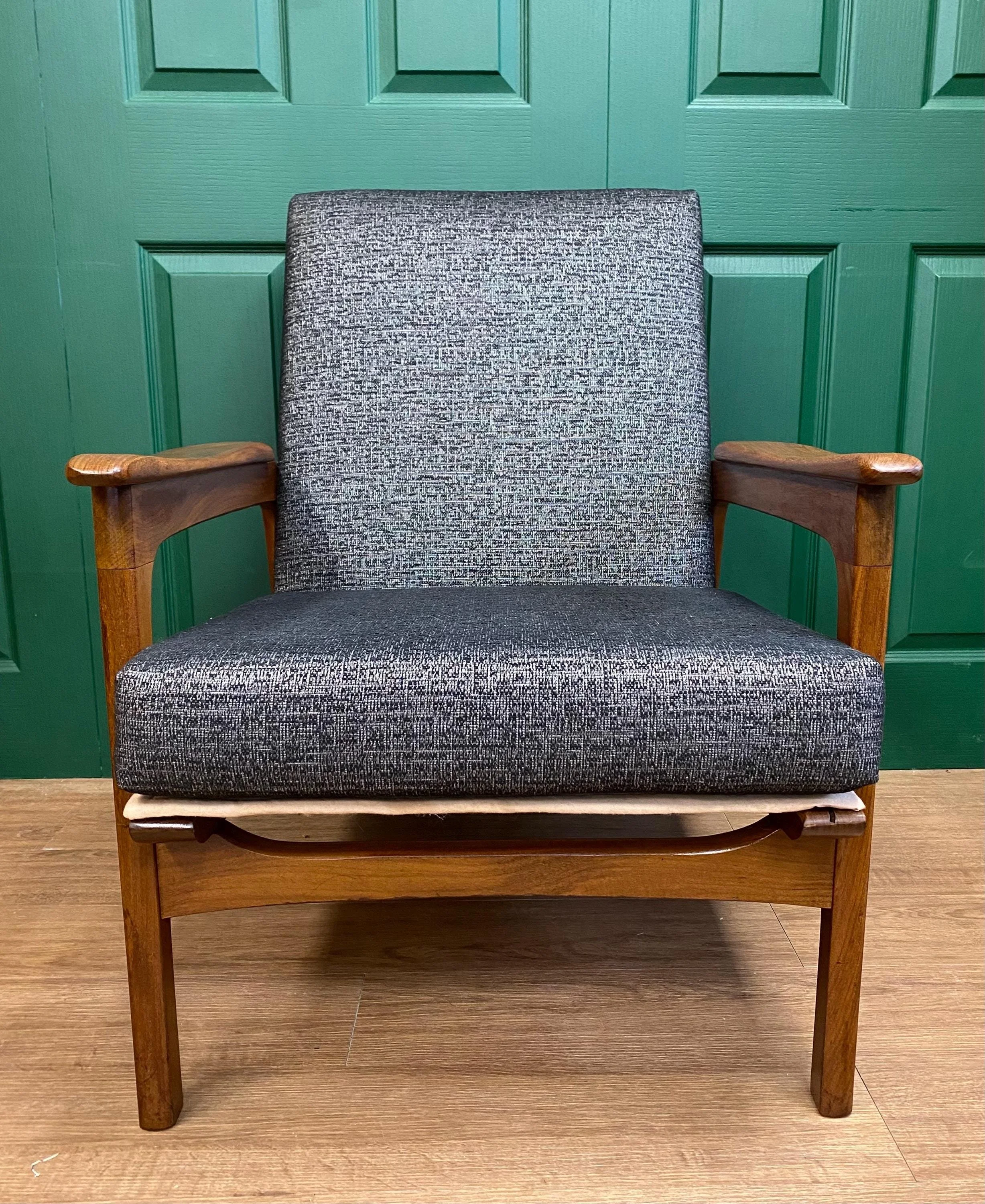 Refurbished Vintage 1960s Scandinavian Solid Teak Framed Armchair In Grey