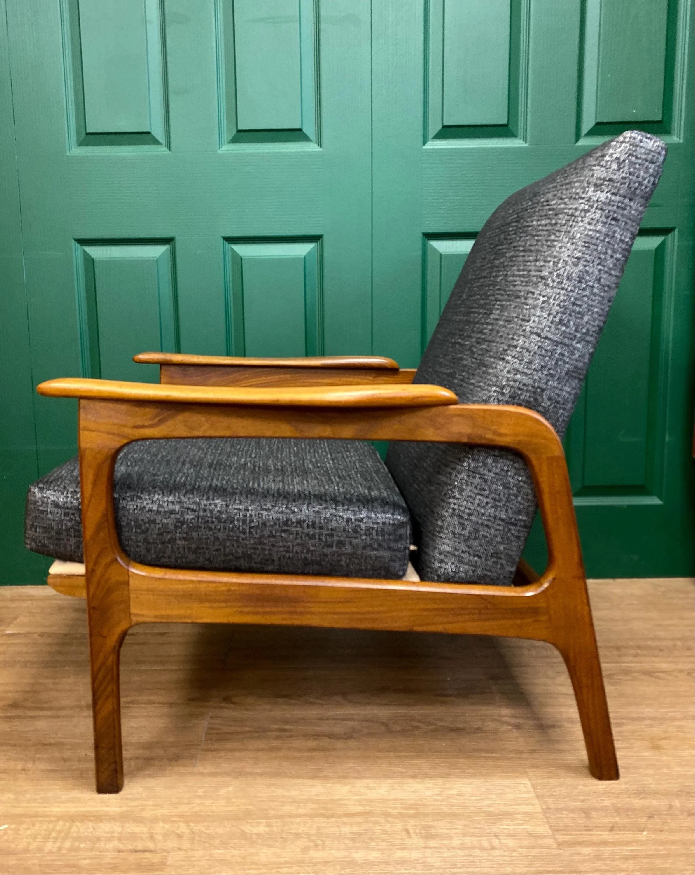 Refurbished Vintage 1960s Scandinavian Solid Teak Framed Armchair In Grey