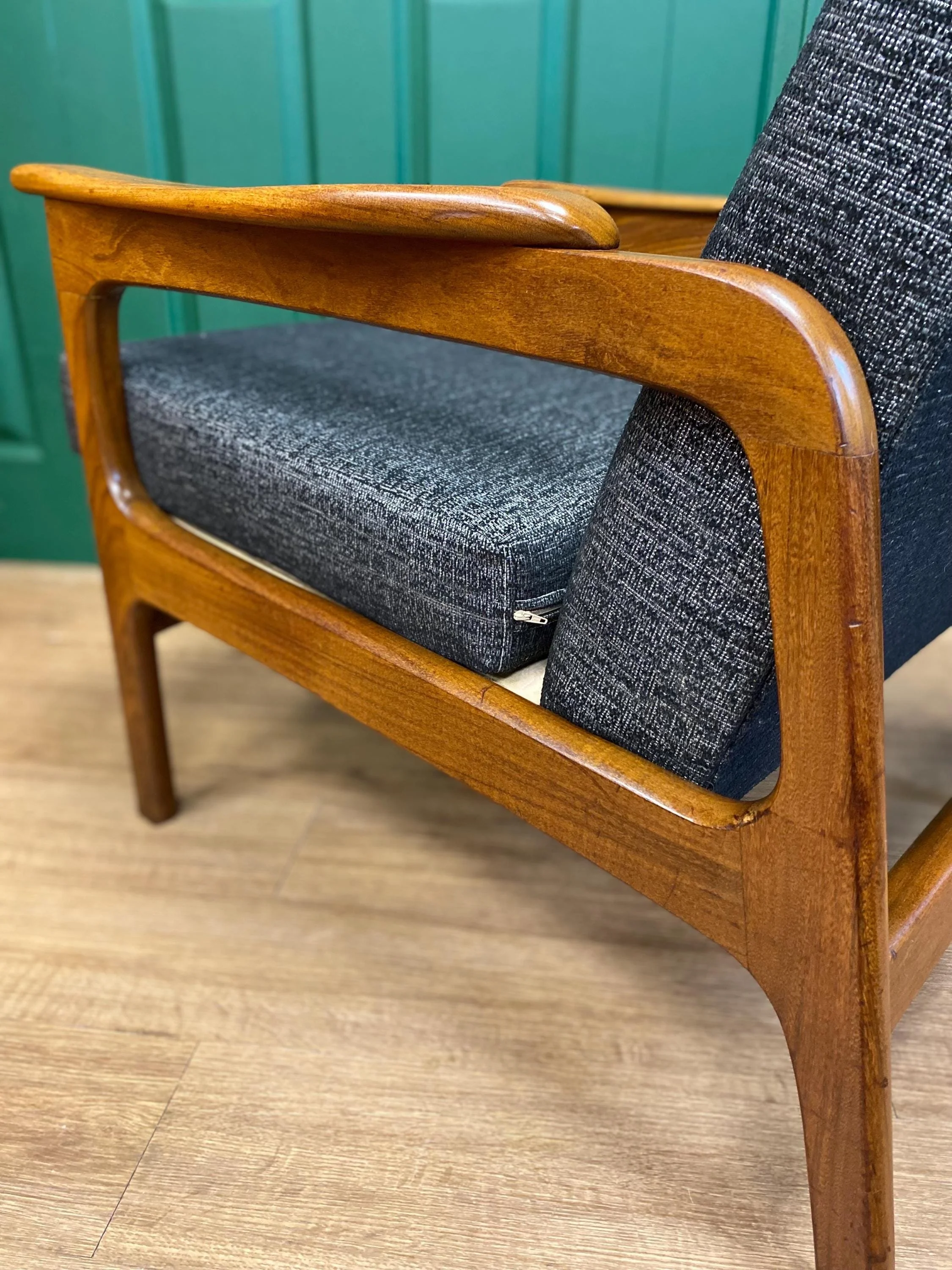 Refurbished Vintage 1960s Scandinavian Solid Teak Framed Armchair In Grey