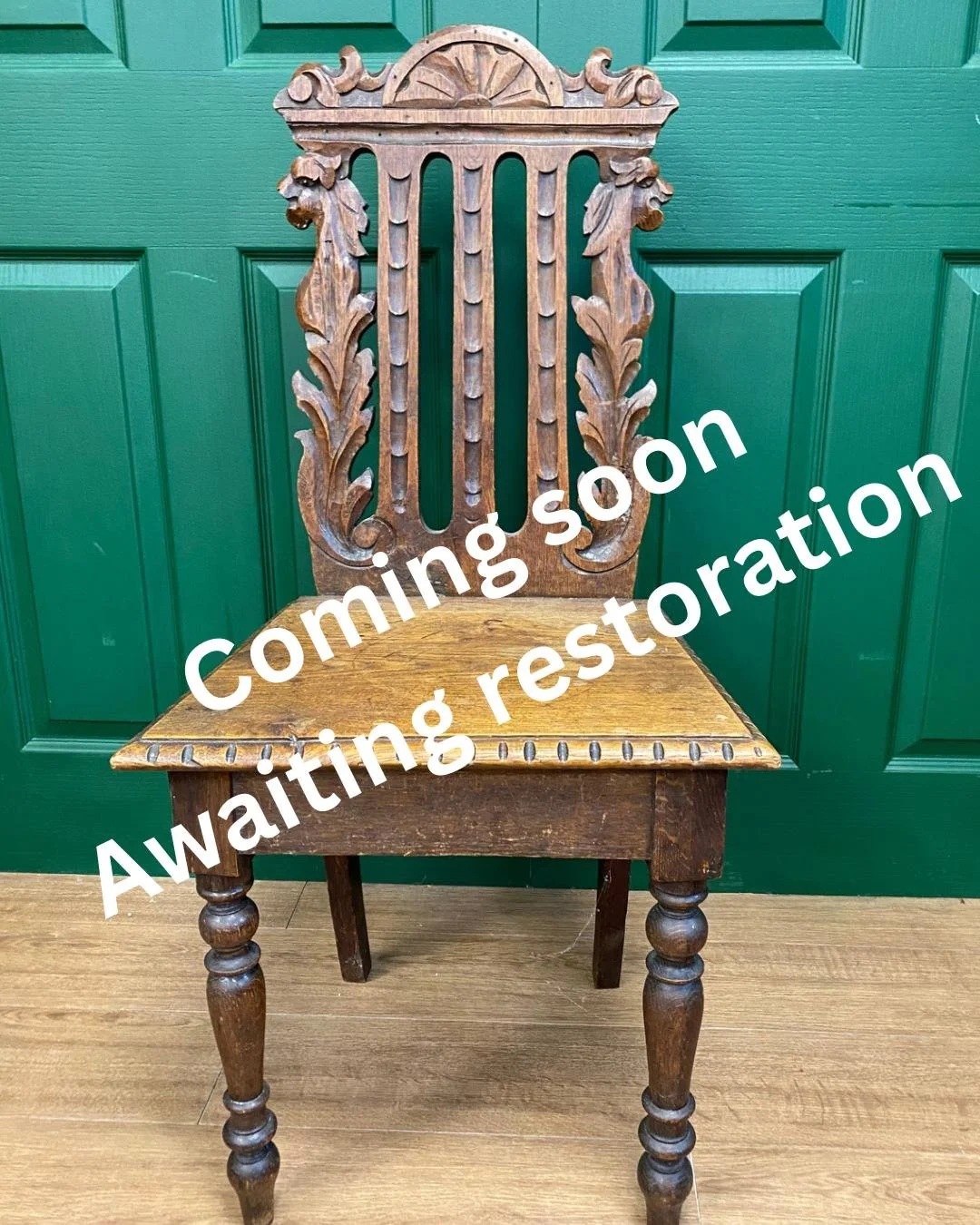 Antique Victorian solid oak carved hall chair