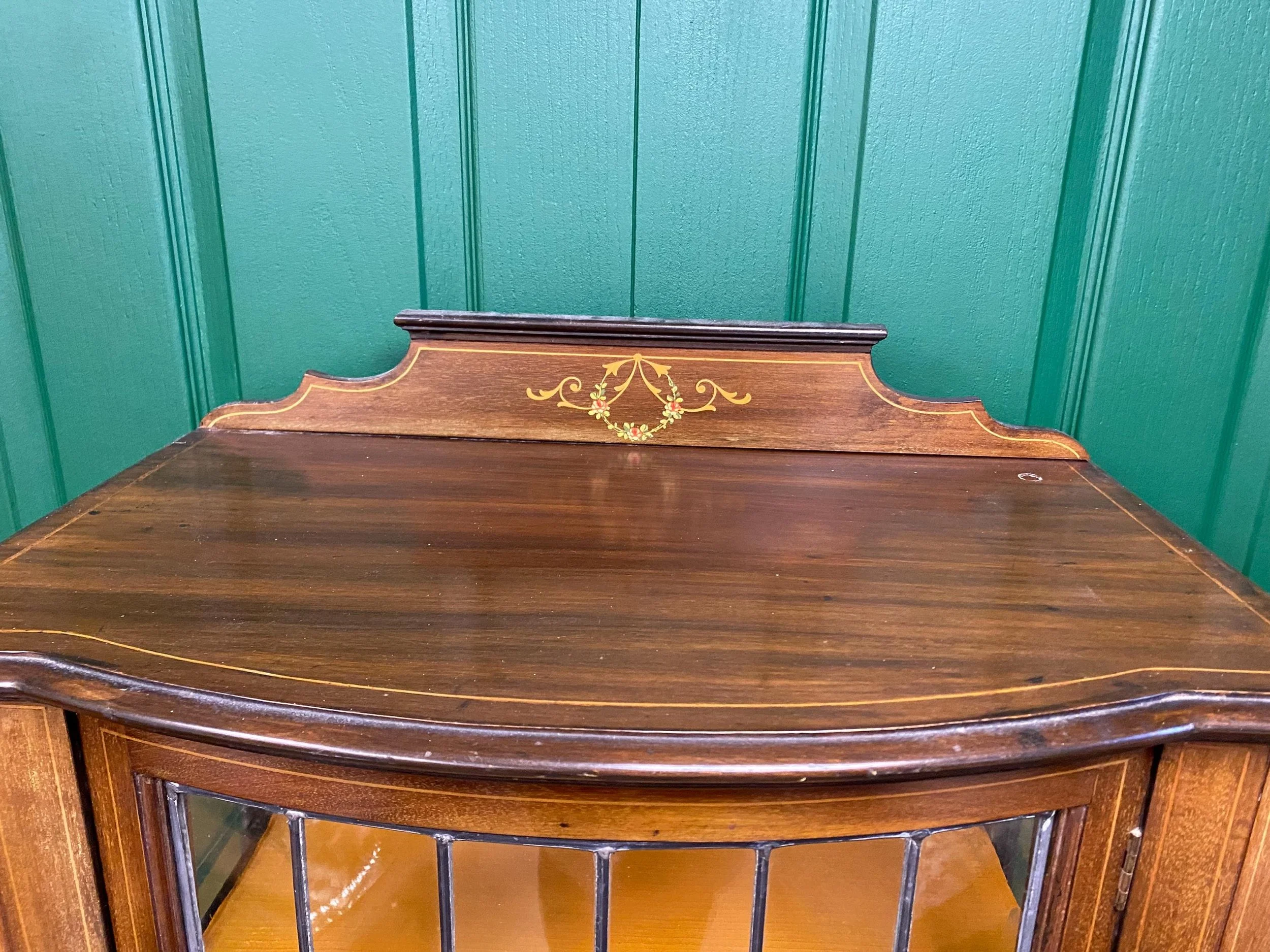 Antique Edwardian Mahogany Inlaid Marquetry Bow Fronted Glazed Display Cabinet with Amber Stained Glass Leaded Glazed Door