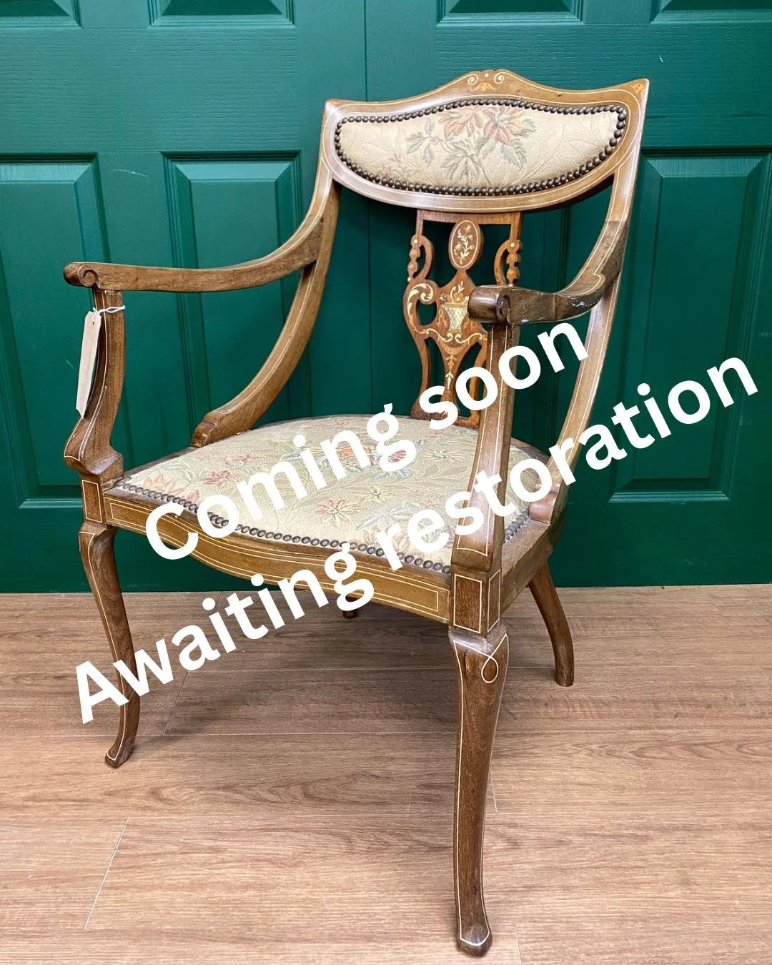 Antique Edwardian Ornate Inlaid Mahogany Framed Armchair with Marquetry Detail