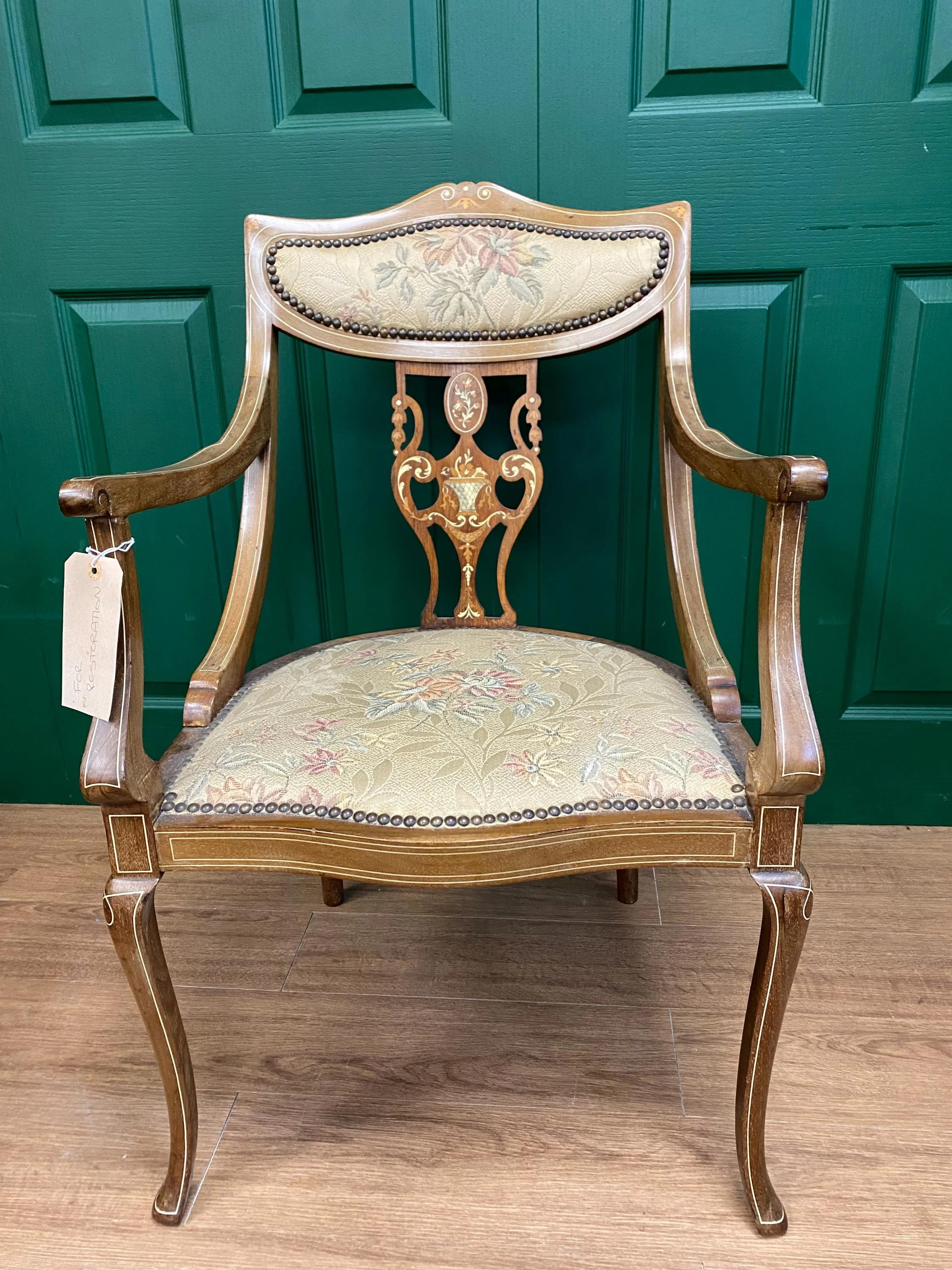 Antique Edwardian Ornate Inlaid Mahogany Framed Armchair with Marquetry Detail