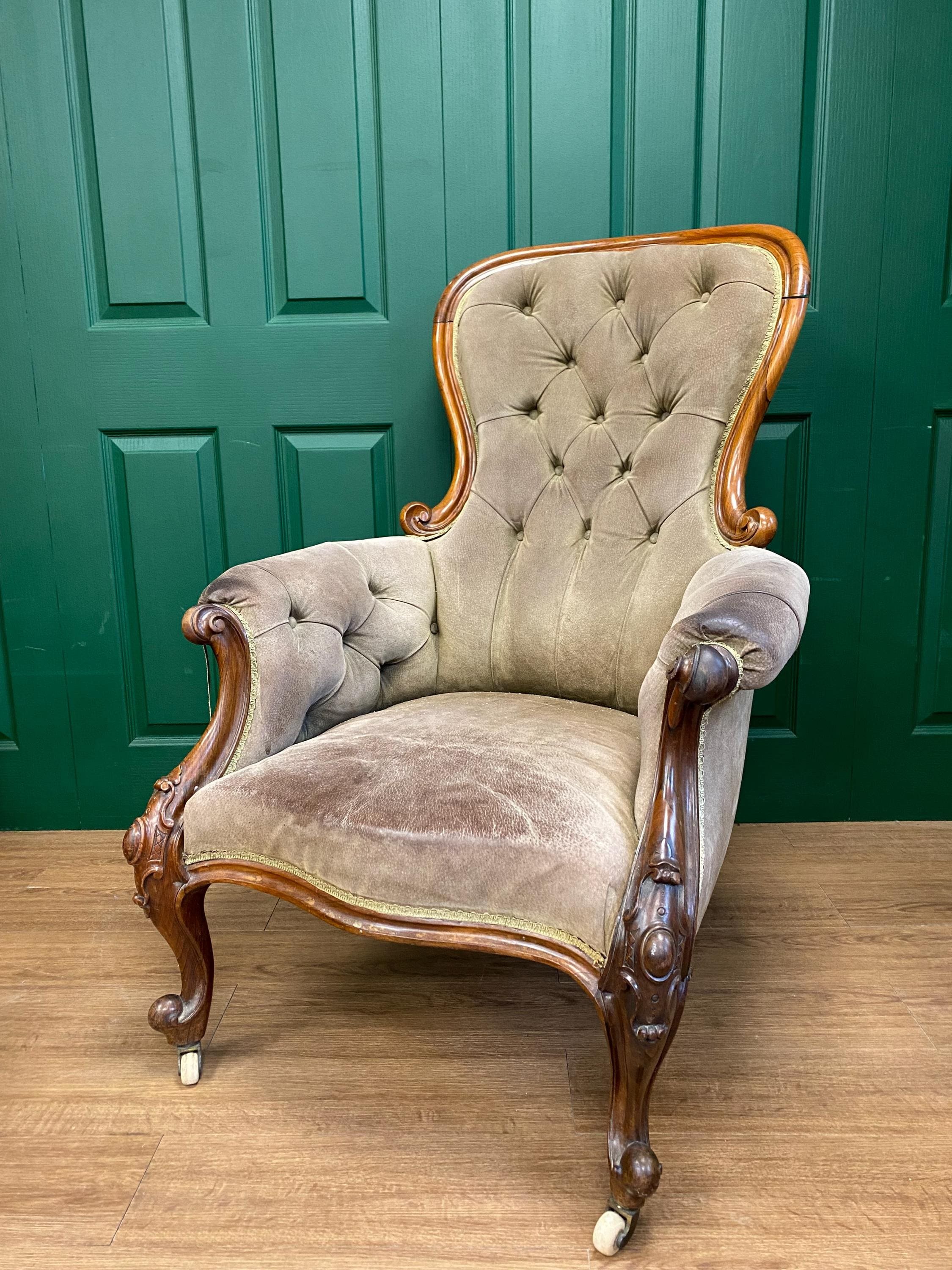 Antique 19th Century Victorian Ornate Carved Solid Walnut Framed Button Back Armchair, For Reupholstering