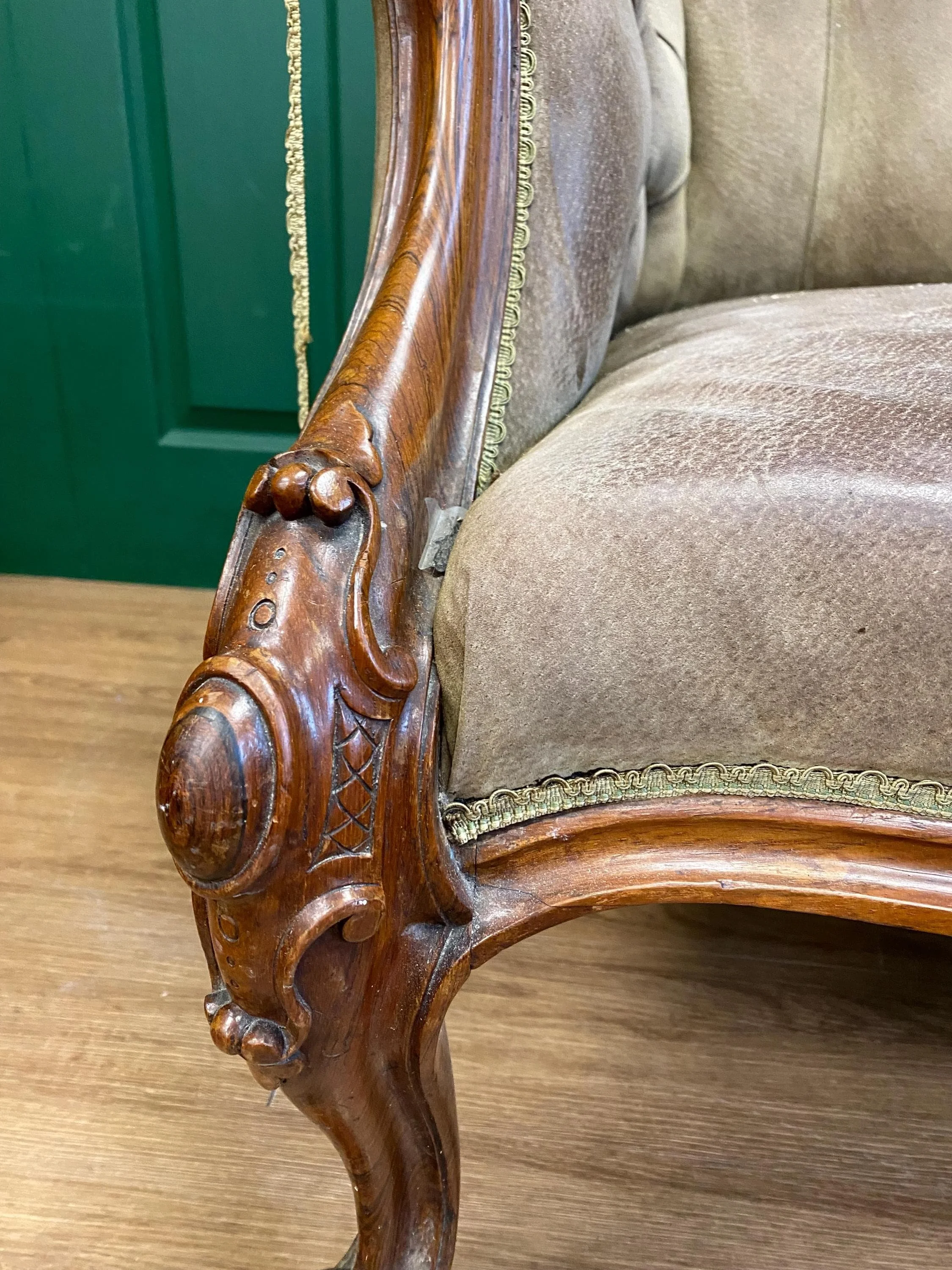 Antique 19th Century Victorian Ornate Carved Solid Walnut Framed Button Back Armchair, For Reupholstering