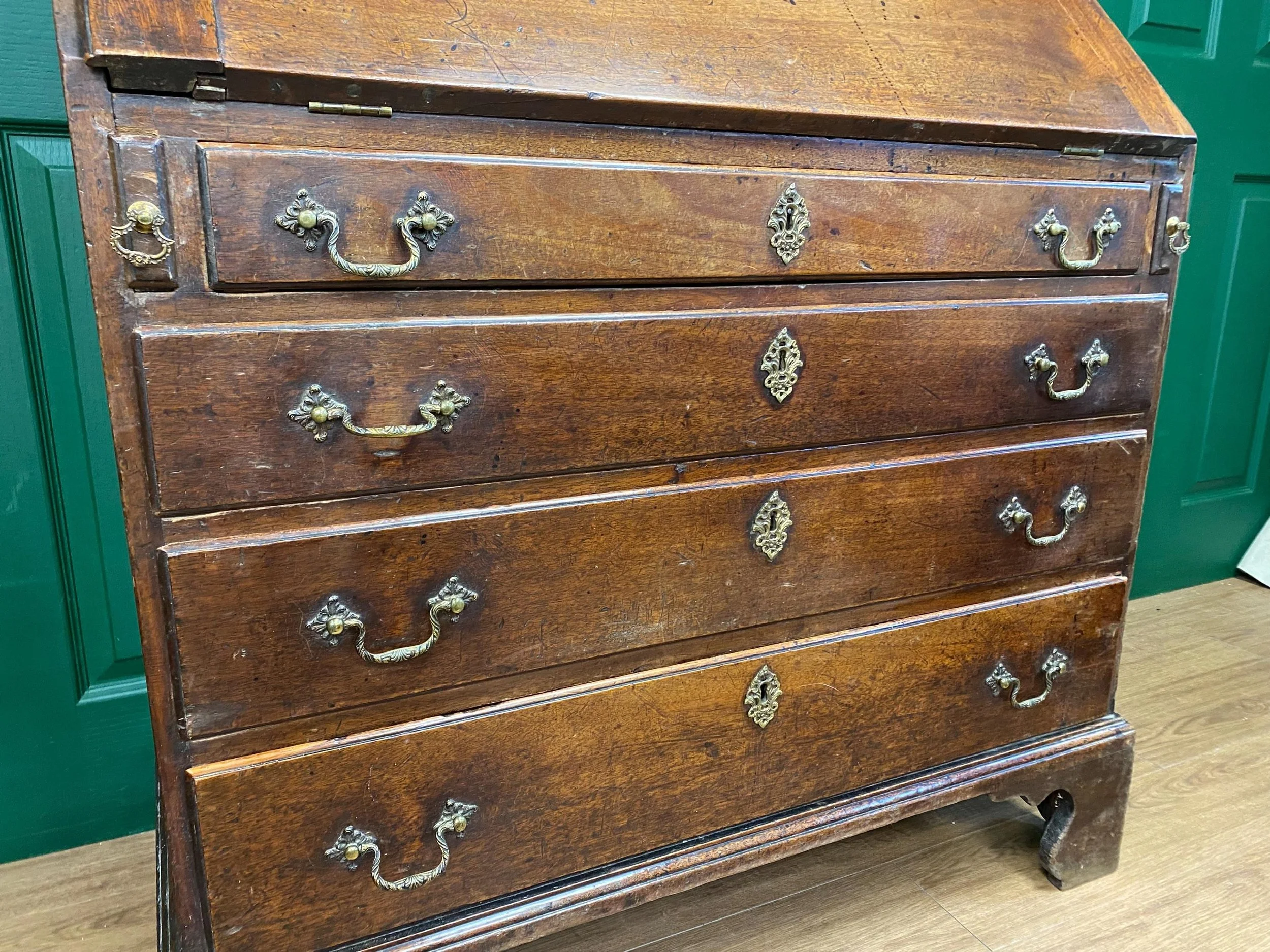 Antique 18th Century George III Solid Mahogany Bureau, Intricate Interior