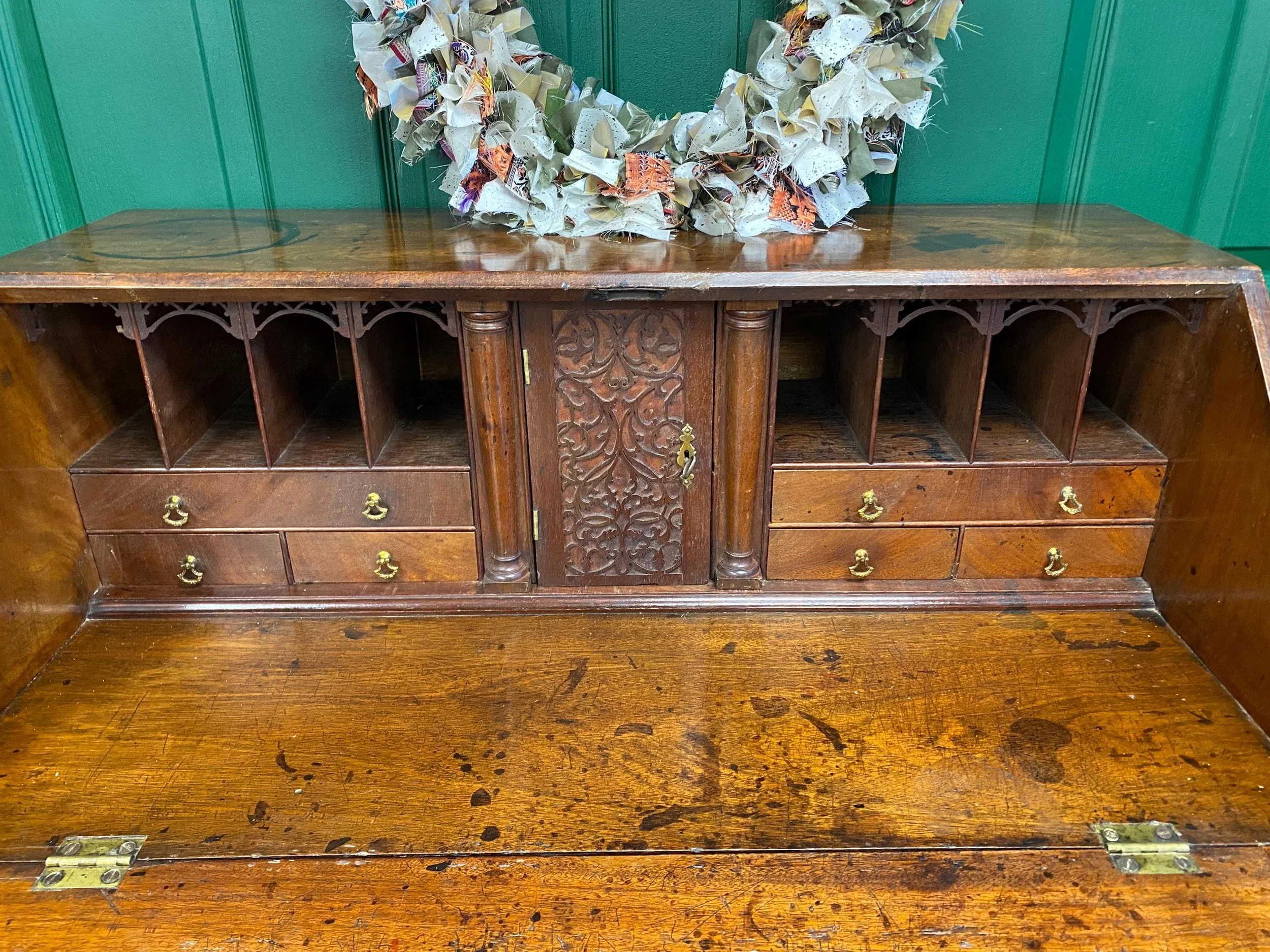 Antique 18th Century George III Solid Mahogany Bureau, Intricate Interior