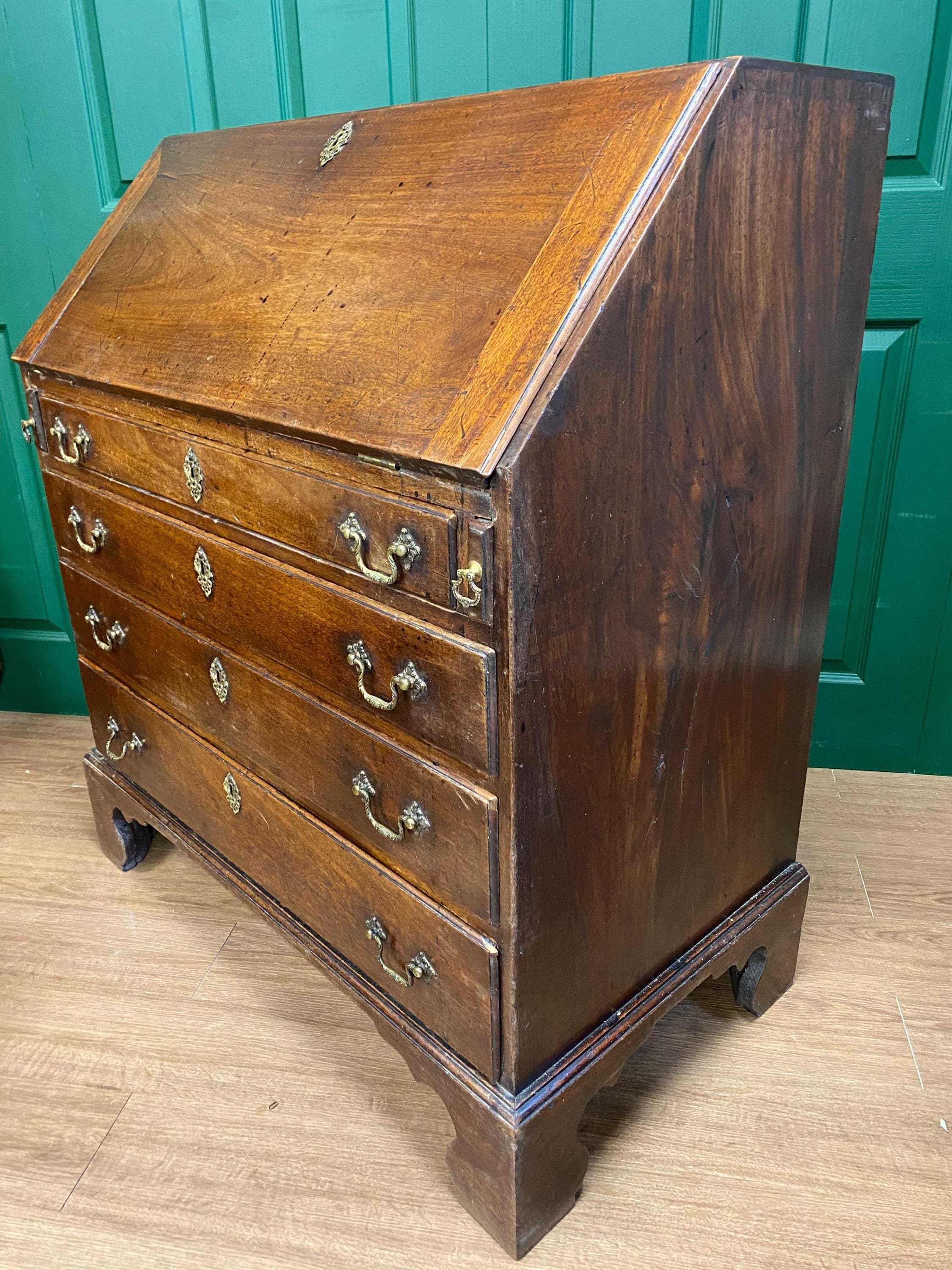 Antique 18th Century George III Solid Mahogany Bureau, Intricate Interior