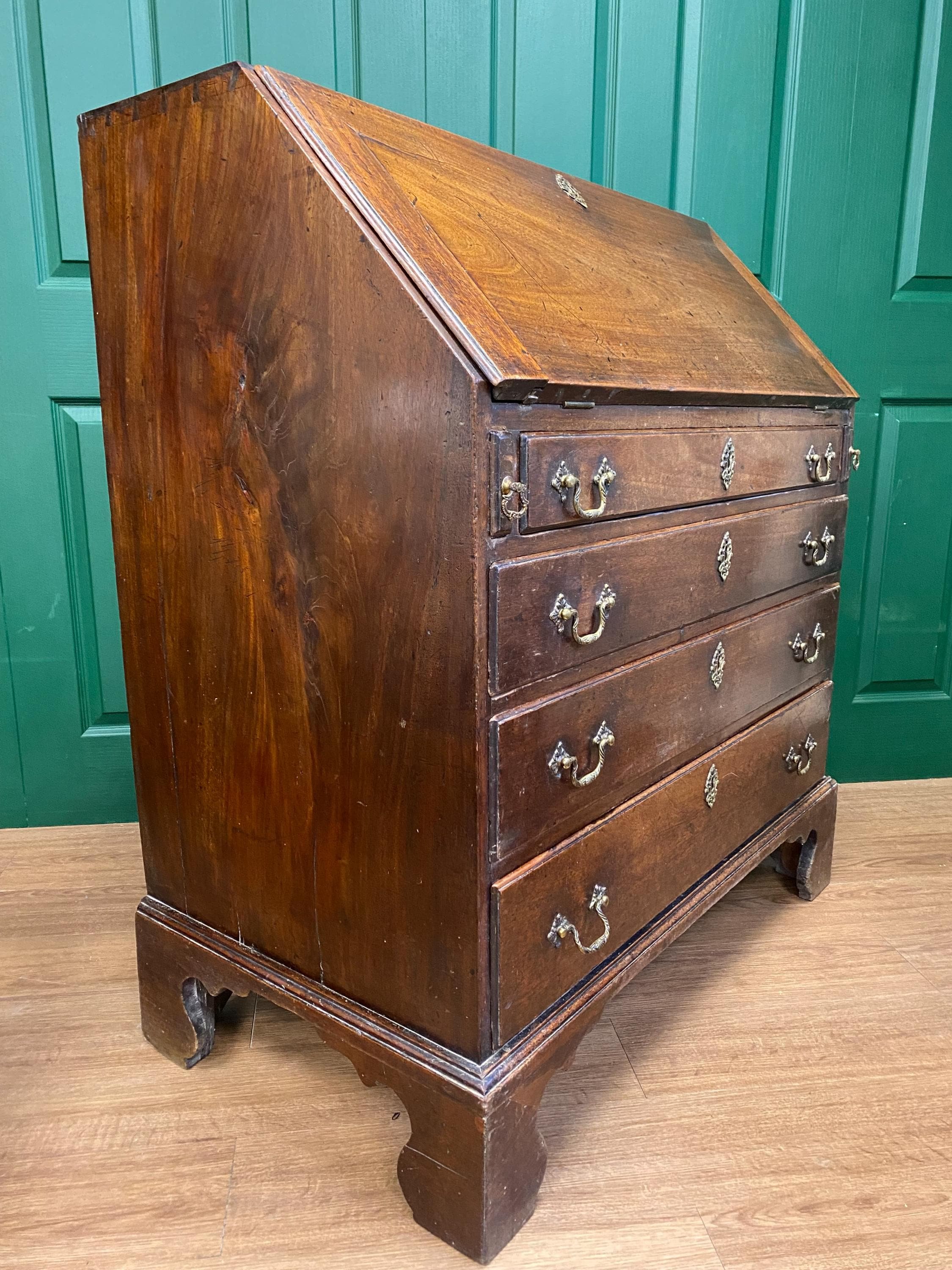 Antique 18th Century George III Solid Mahogany Bureau, Intricate Interior