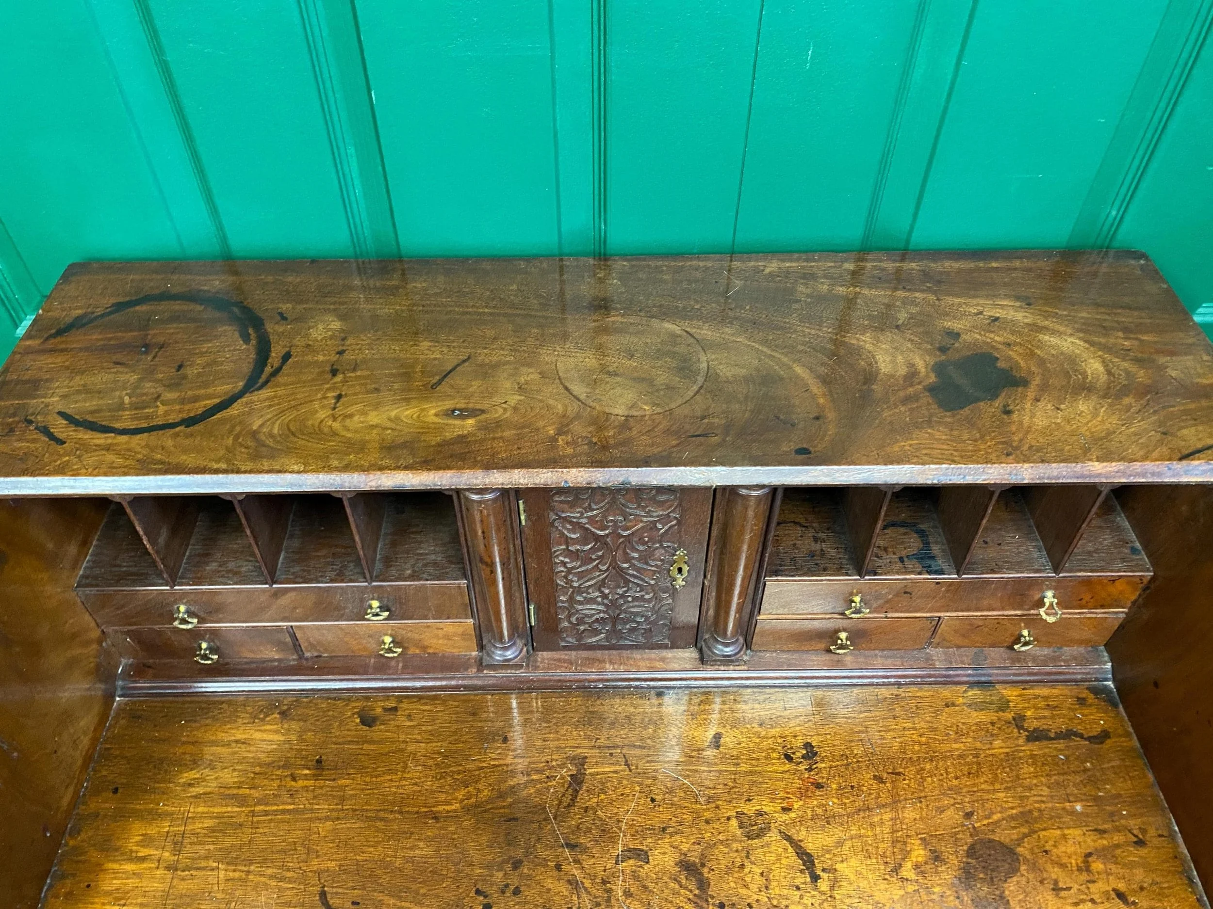 Antique 18th Century George III Solid Mahogany Bureau, Intricate Interior