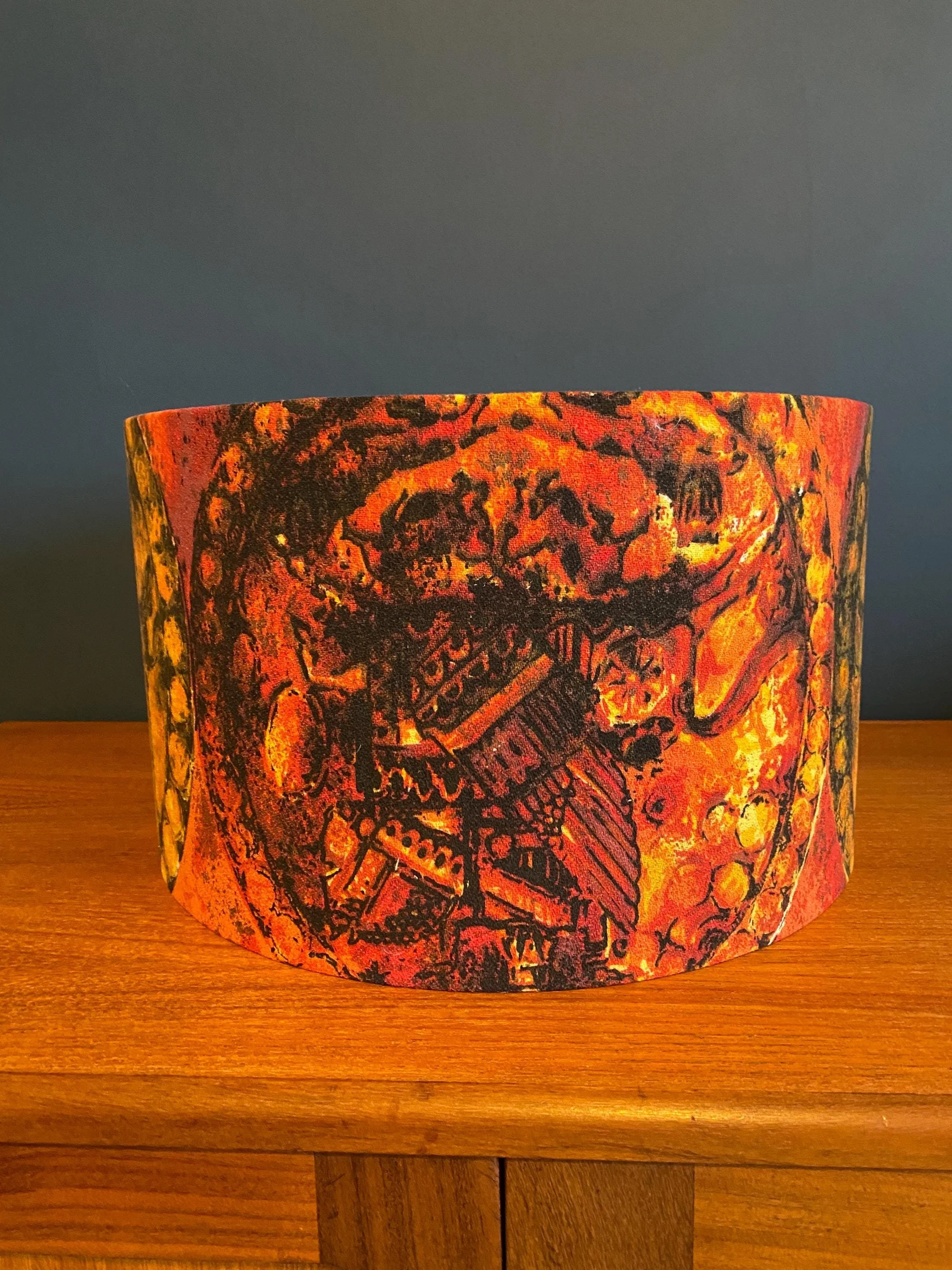 Circular drum lampshade from repurposed mid century vintage retro 1970s fabric burnt orange