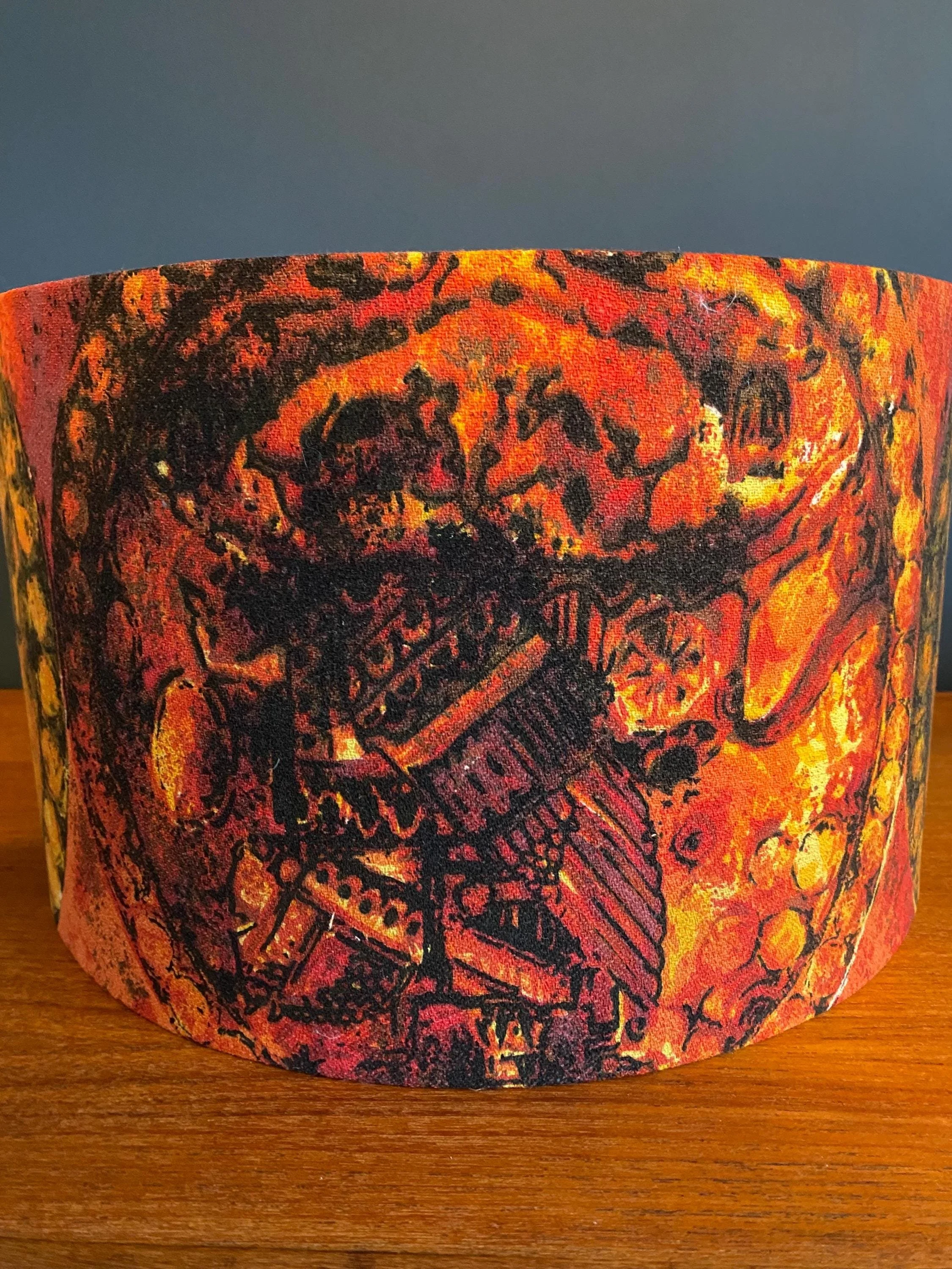 Circular drum lampshade from repurposed mid century vintage retro 1970s fabric burnt orange