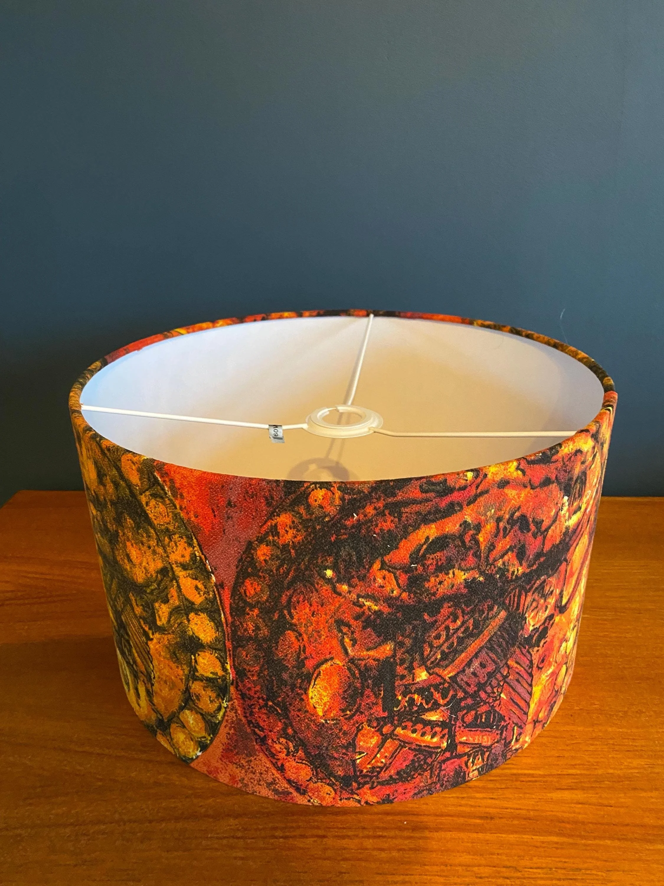 Circular drum lampshade from repurposed mid century vintage retro 1970s fabric burnt orange