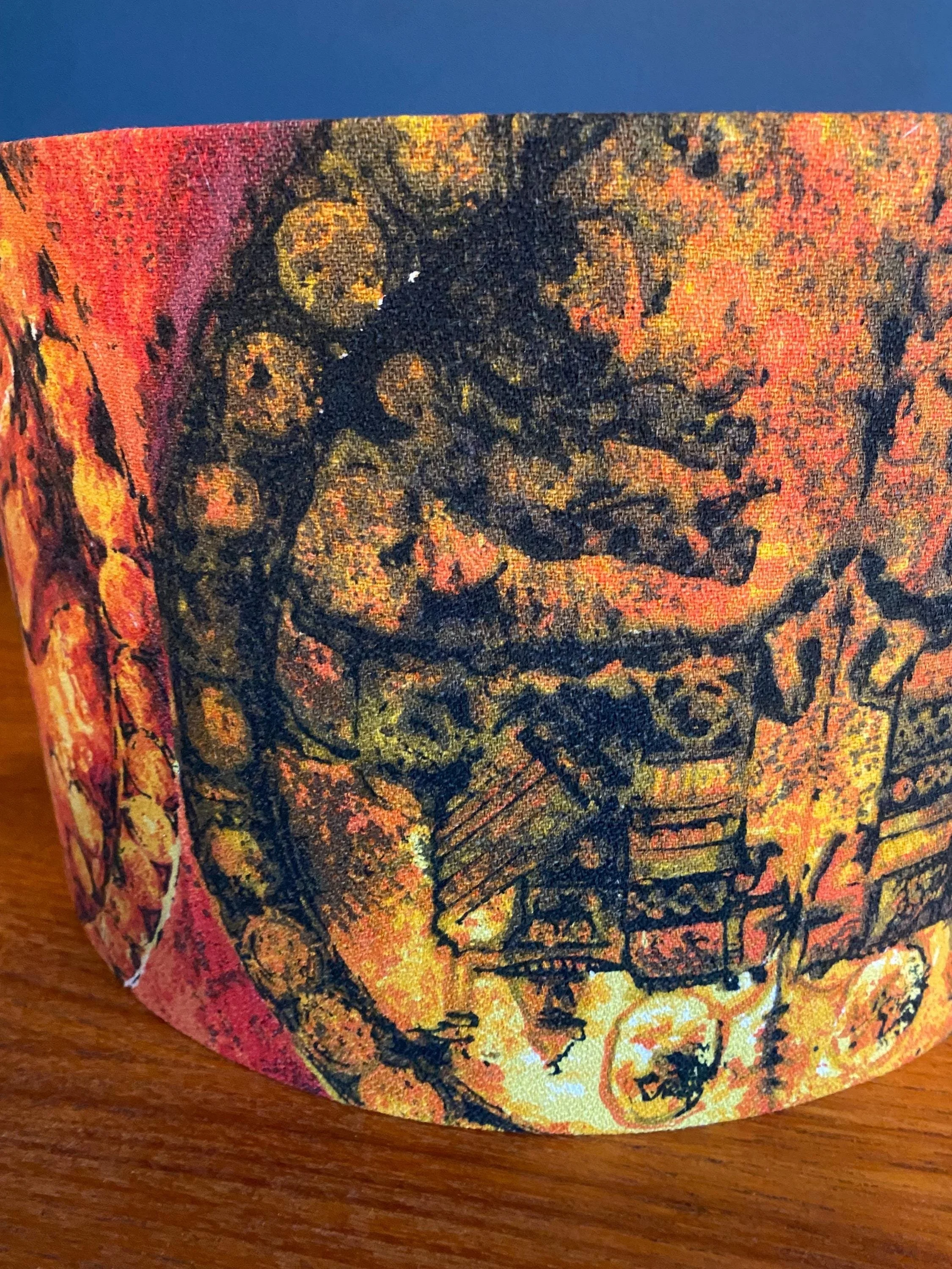 Circular drum lampshade from repurposed mid century vintage retro 1970s fabric burnt orange