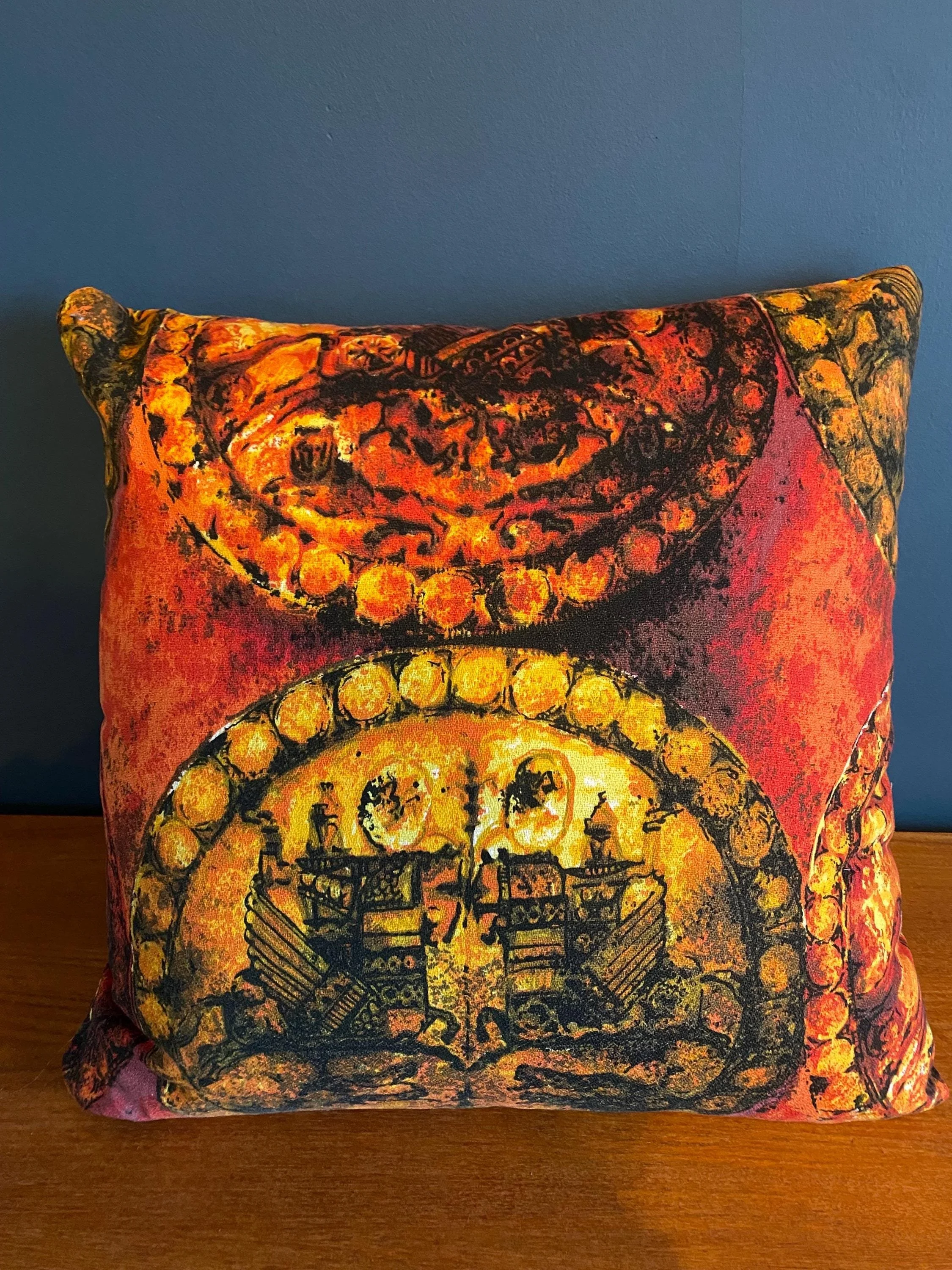Handmade cushion from repurposed mid century 1970s retro vintage fabric burnt orange pattern