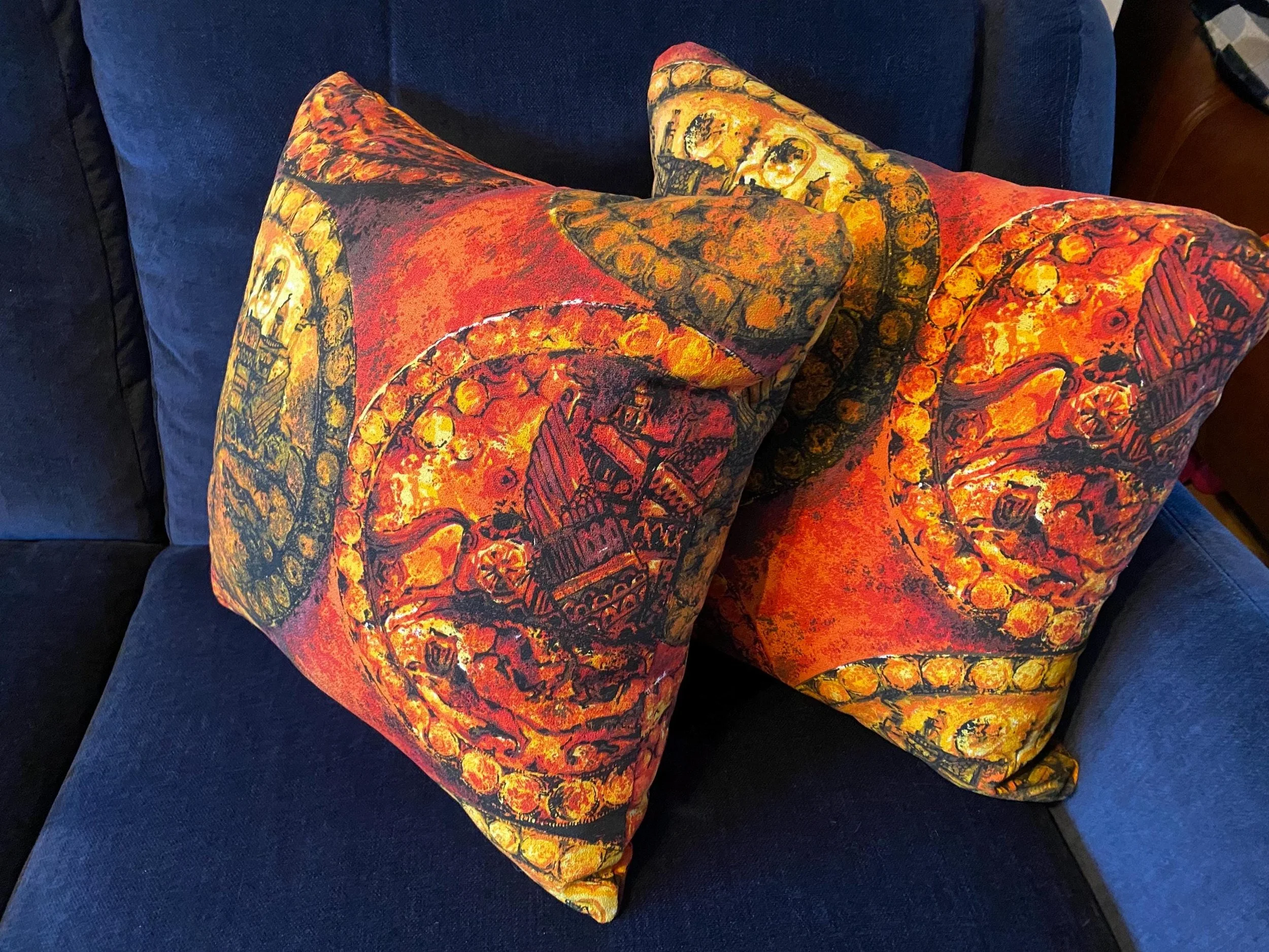 Handmade cushion from repurposed mid century 1970s retro vintage fabric burnt orange pattern