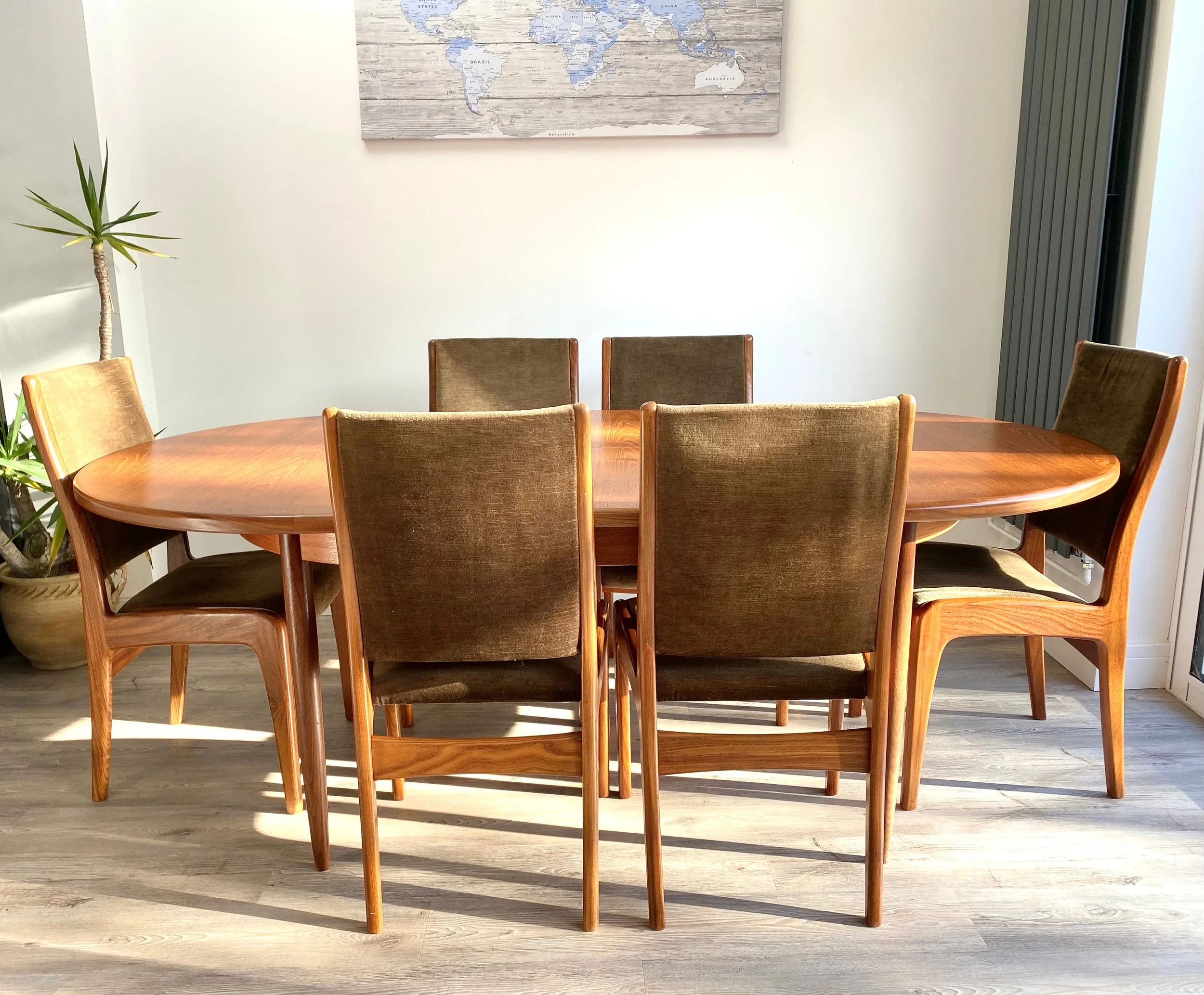 1960s G Plan Fresco solid teak extending dining table and six chairs