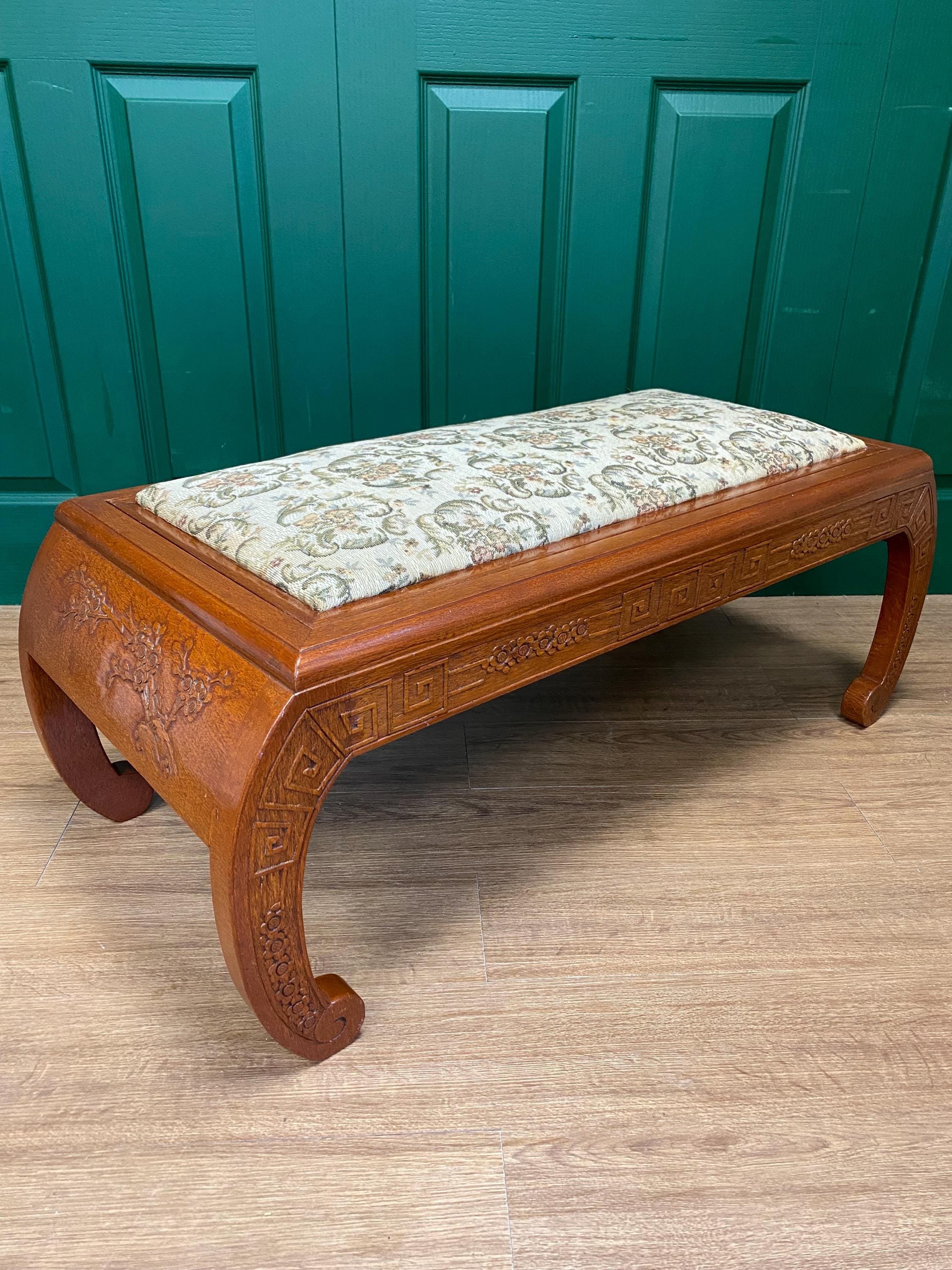 Antique oriental reversible camphor wood carved bench stool coffee table