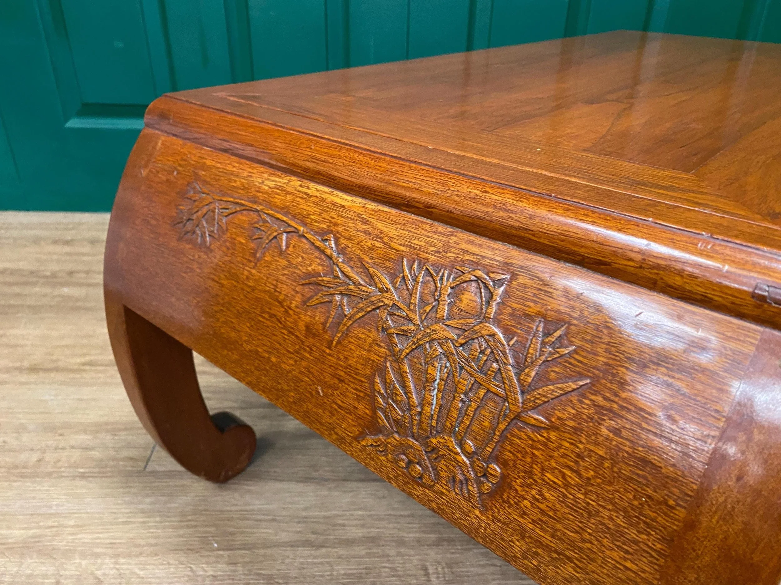 Antique oriental reversible camphor wood carved bench stool coffee table